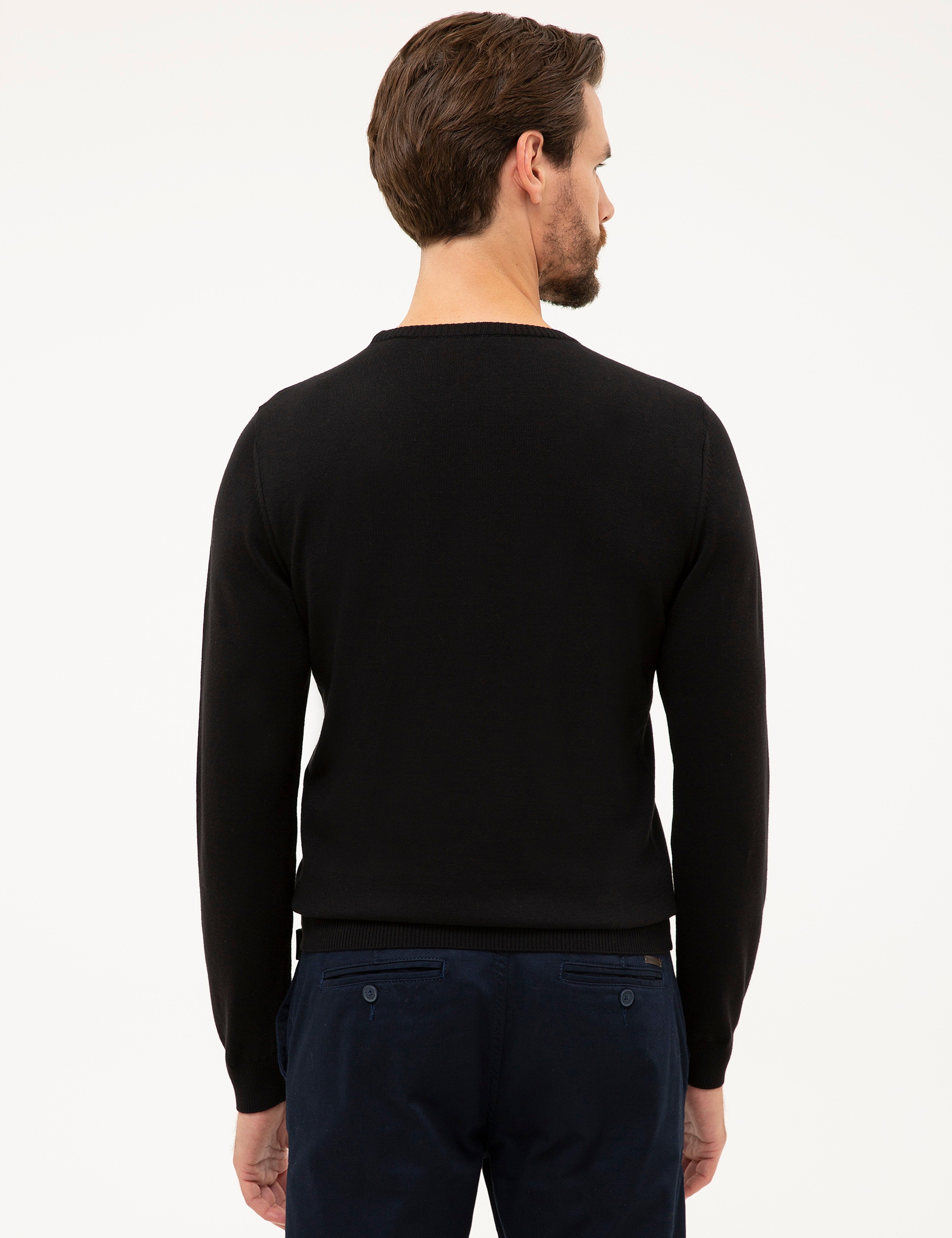 Siyah Slim Fit Bisiklet Yaka Basic Triko Kazak