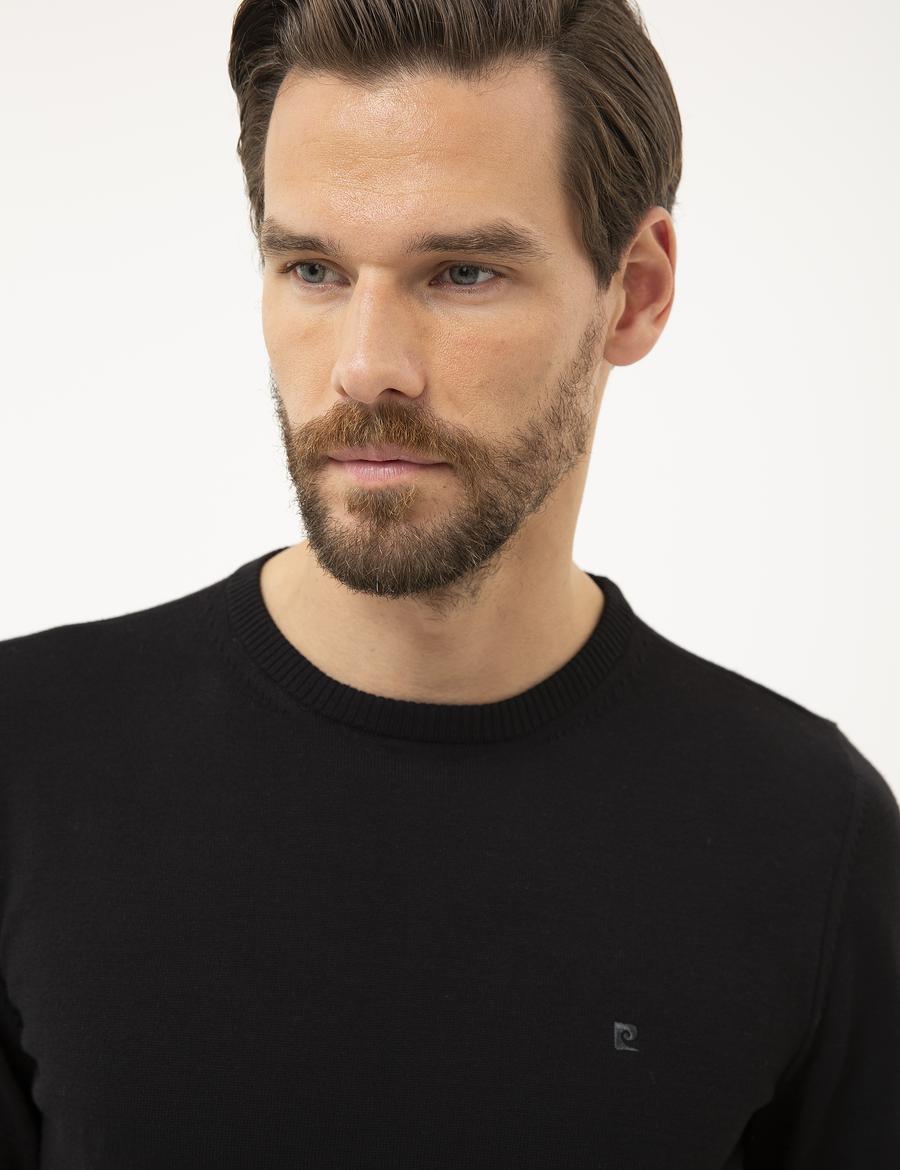 Siyah Slim Fit Bisiklet Yaka Basic Triko Kazak