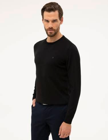 Siyah Slim Fit Bisiklet Yaka Basic Triko Kazak