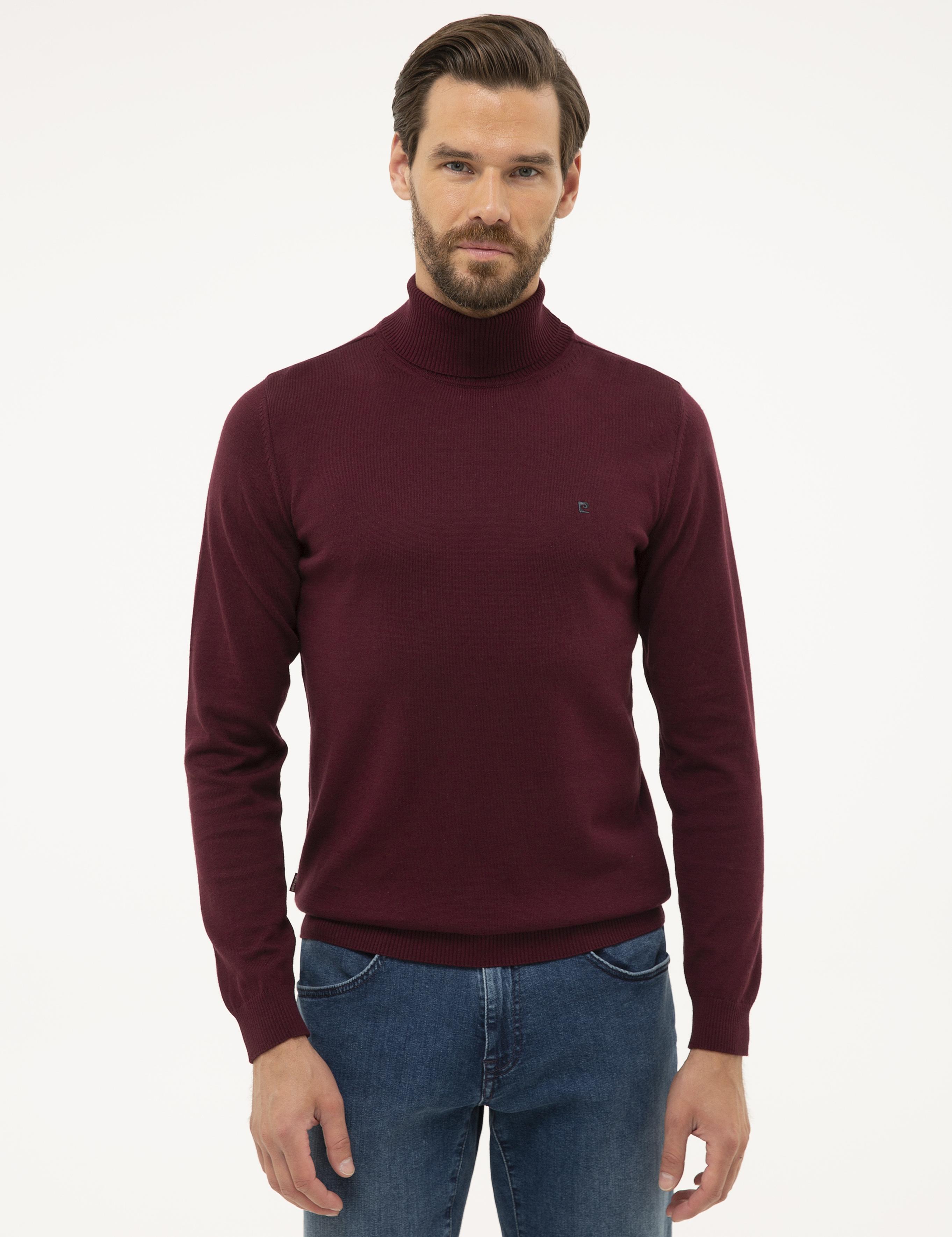 Bordo Slim Fit Tam Balıkçı Yaka Basic Triko Kazak