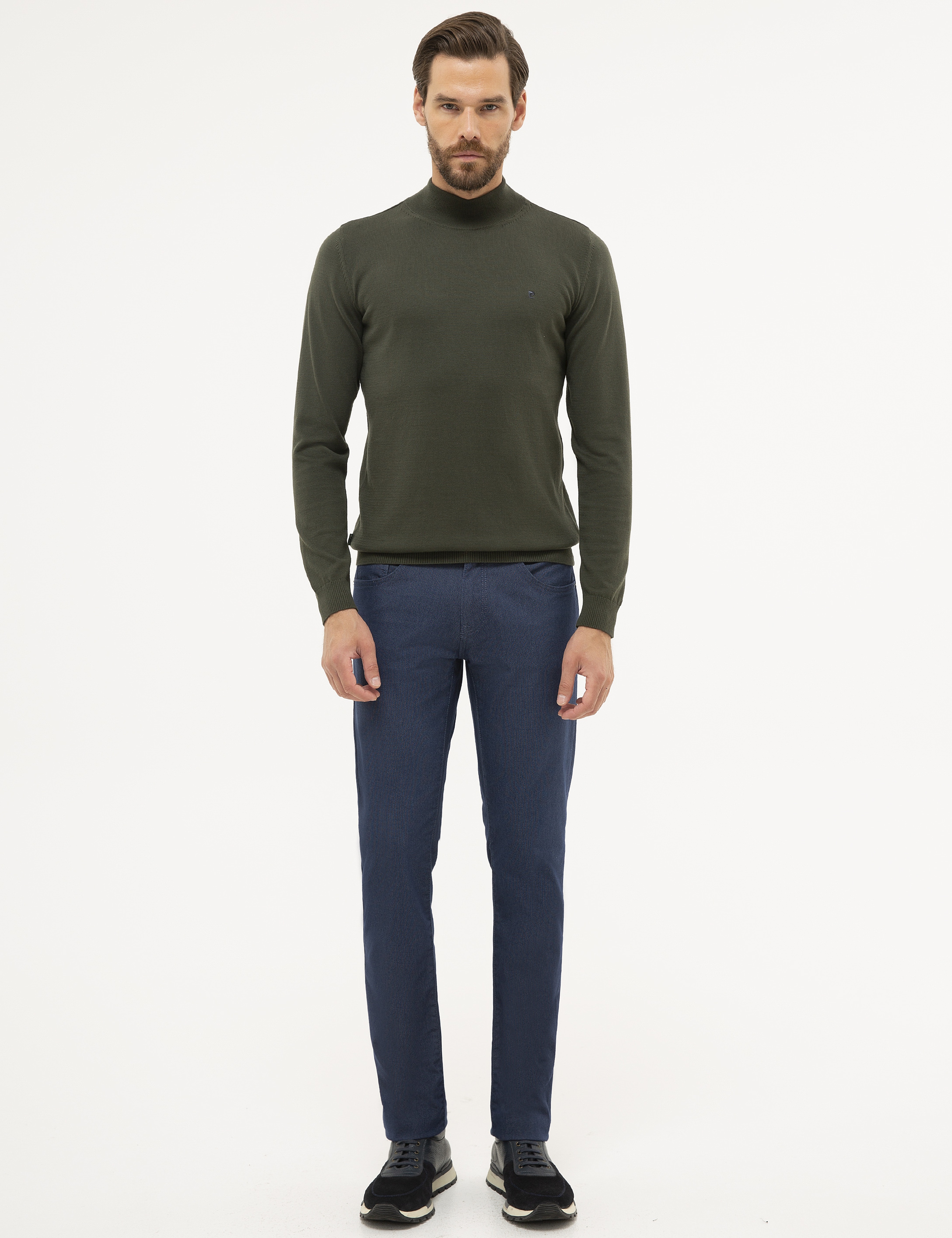 Yeşil Slim Fit Yarım Balıkçı Yaka Basic Triko Kazak