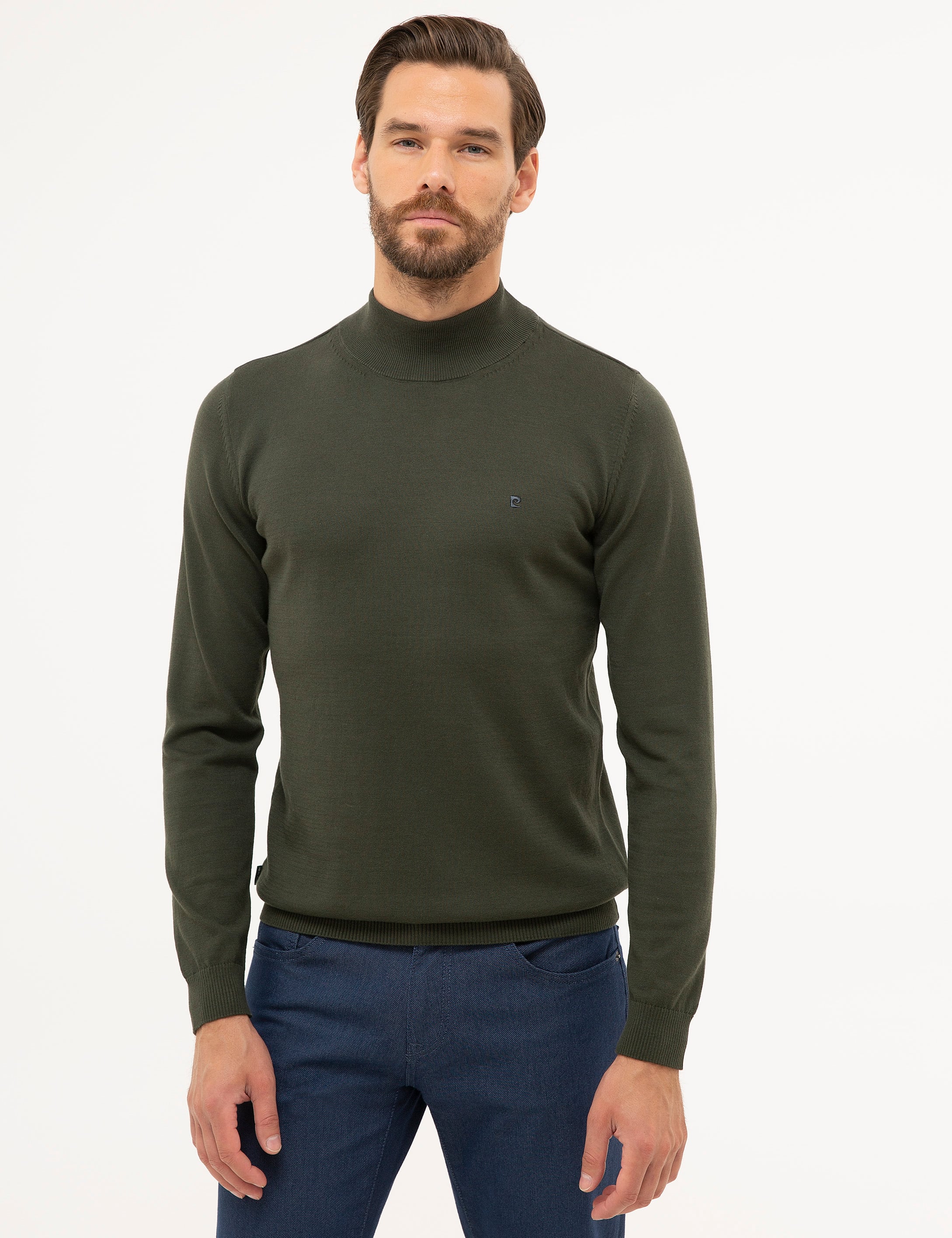 Yeşil Slim Fit Yarım Balıkçı Yaka Basic Triko Kazak