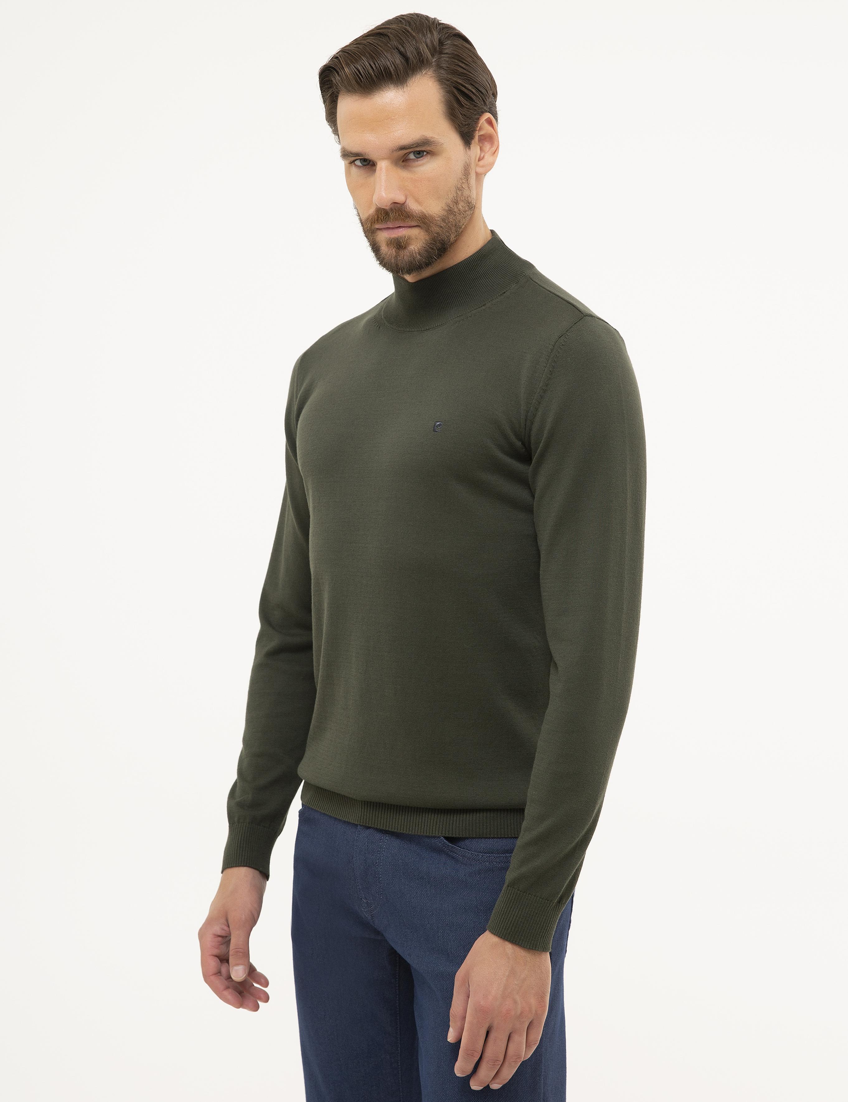 Yeşil Slim Fit Yarım Balıkçı Yaka Basic Triko Kazak