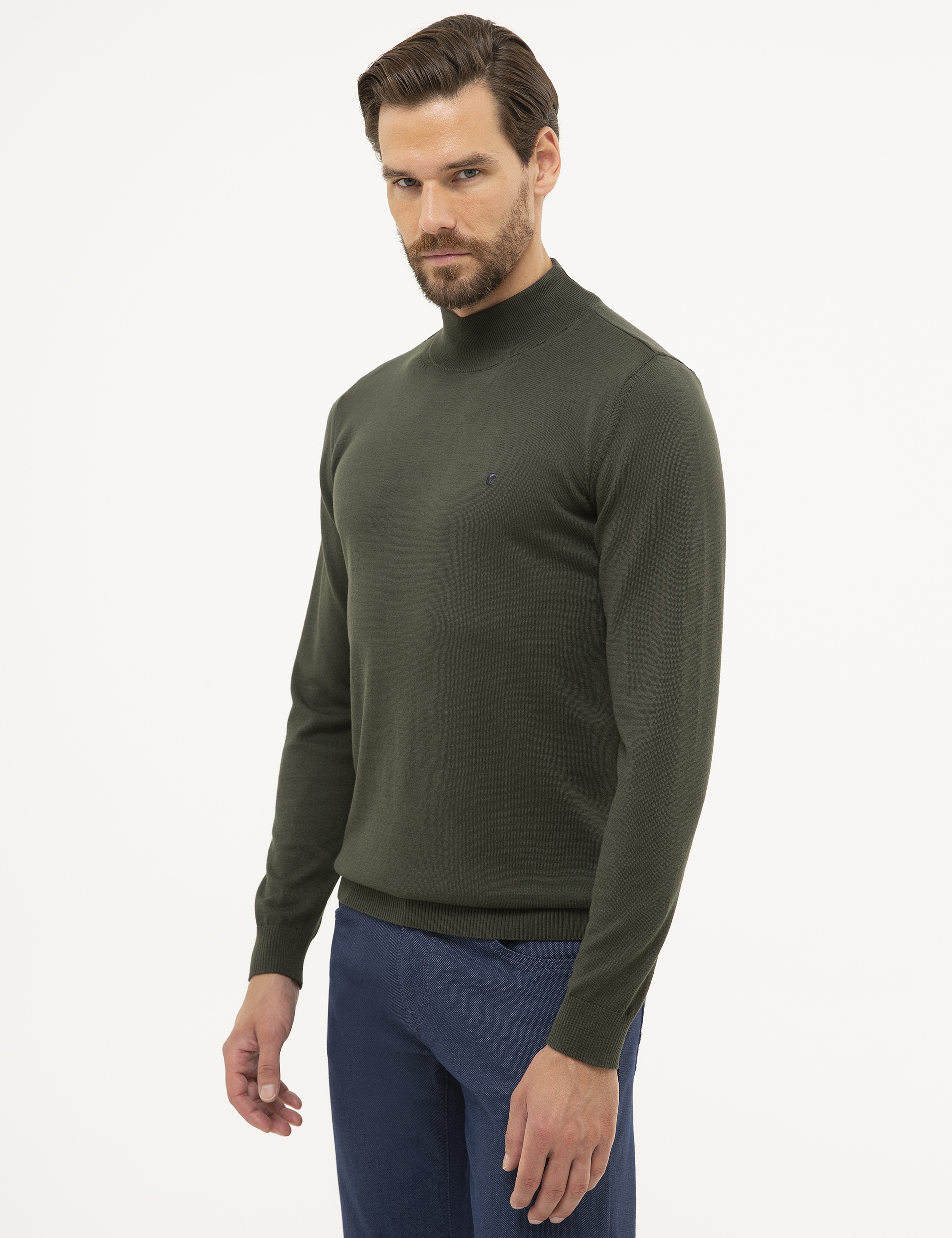 Yeşil Slim Fit Yarım Balıkçı Yaka Basic Triko Kazak
