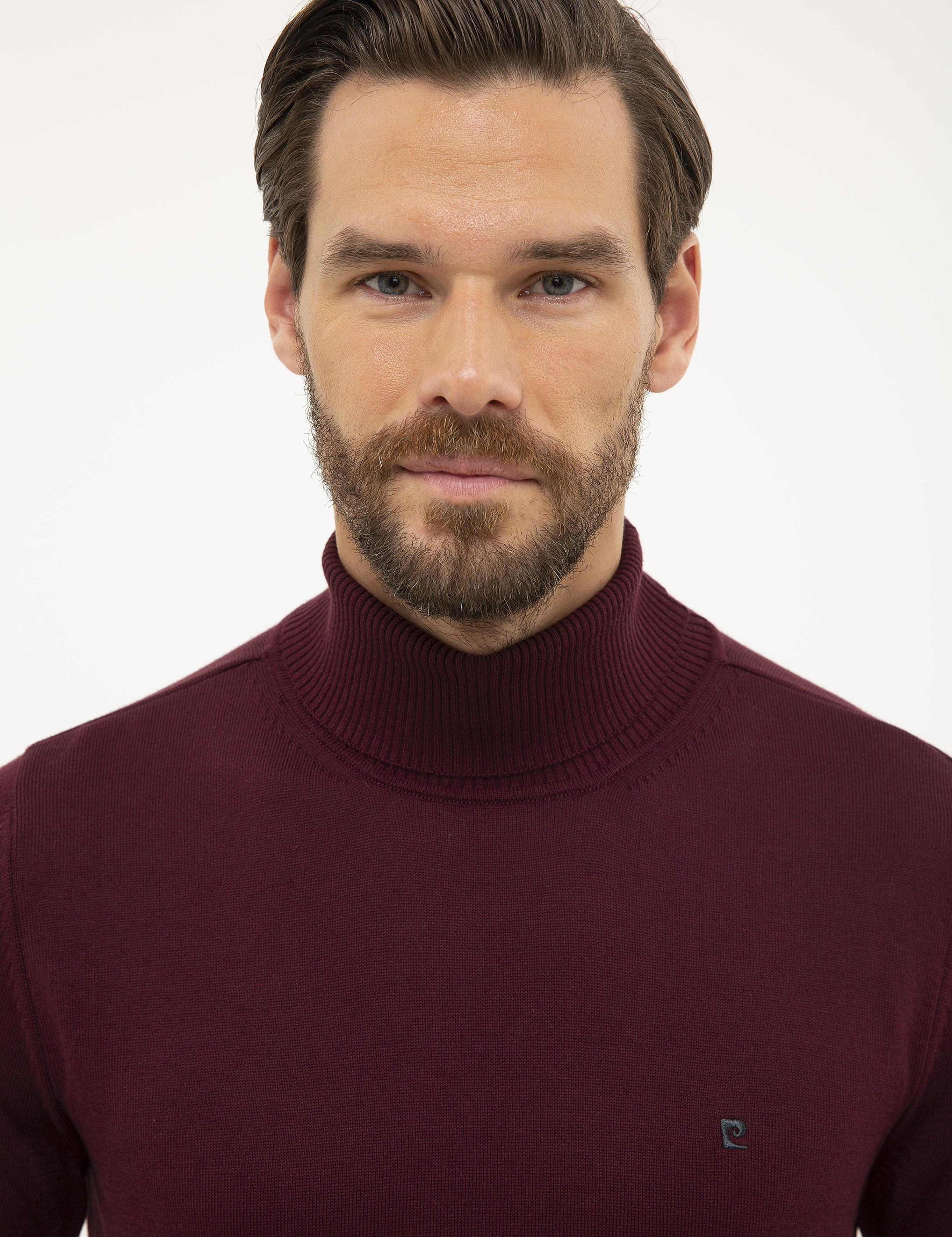 Bordo Slim Fit Tam Balıkçı Yaka Basic Triko Kazak