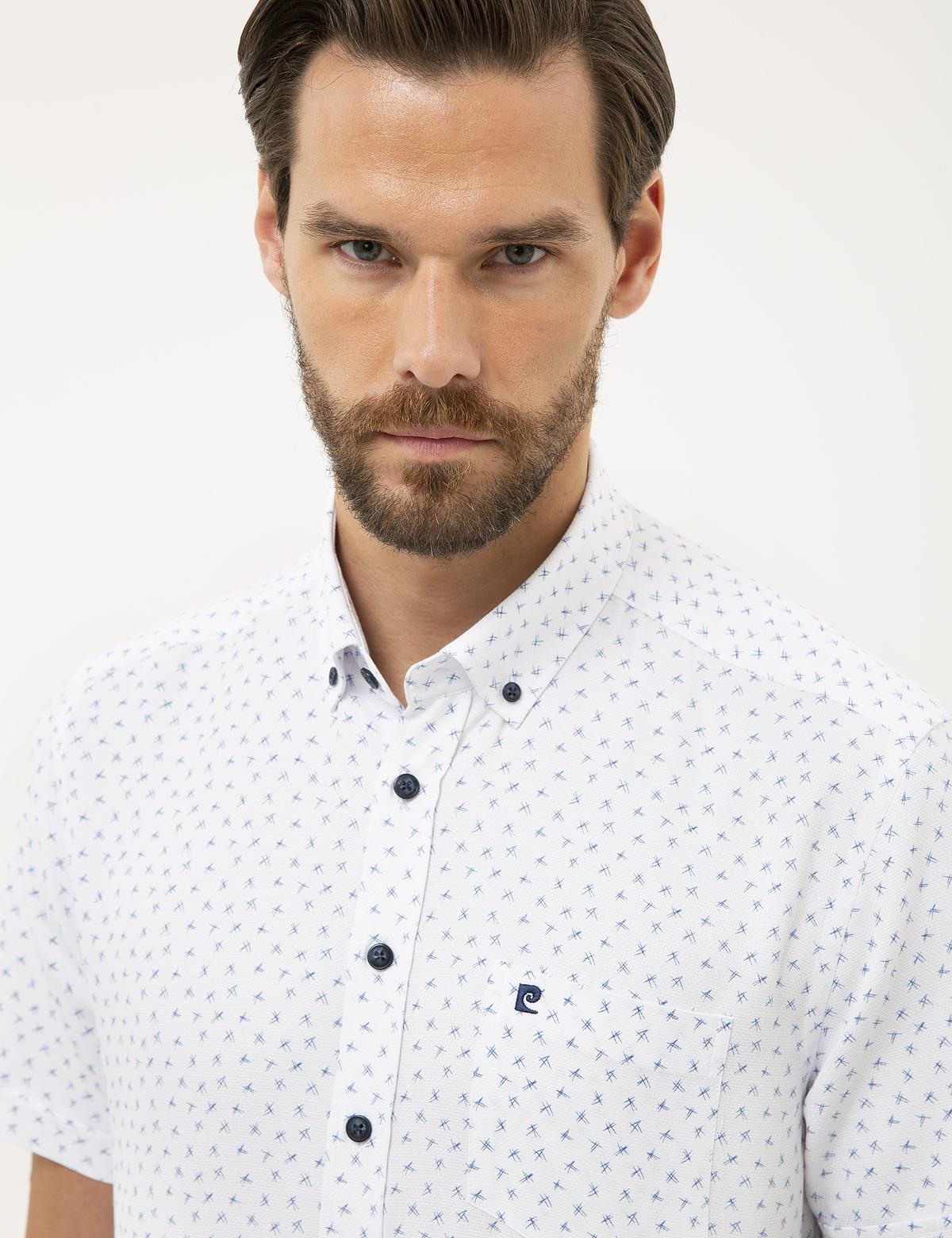 Lacivert Detaylı Beyaz Regular Fit Kısa Kollu Gömlek - 50227443008