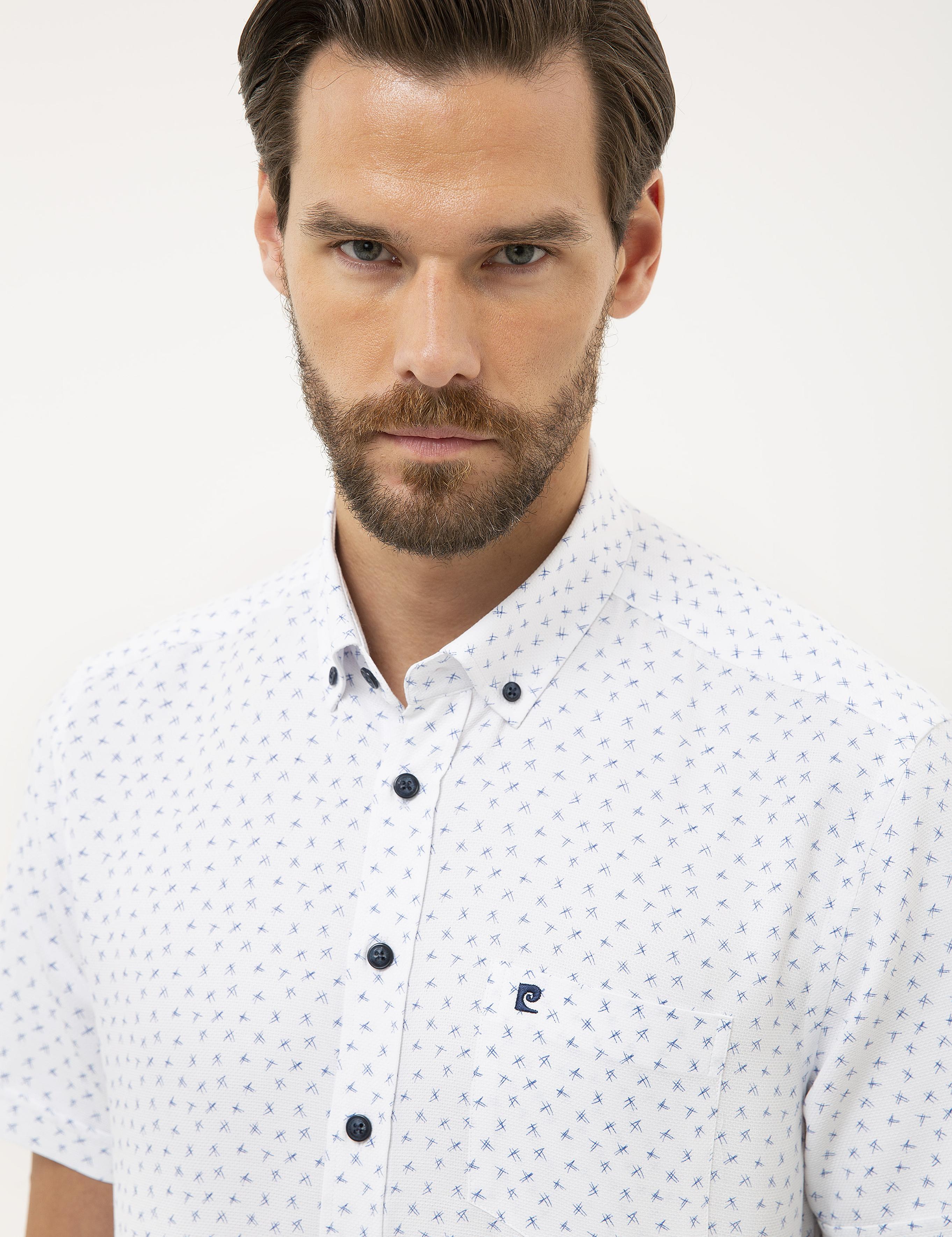 Lacivert Detaylı Beyaz Regular Fit Kısa Kollu Gömlek