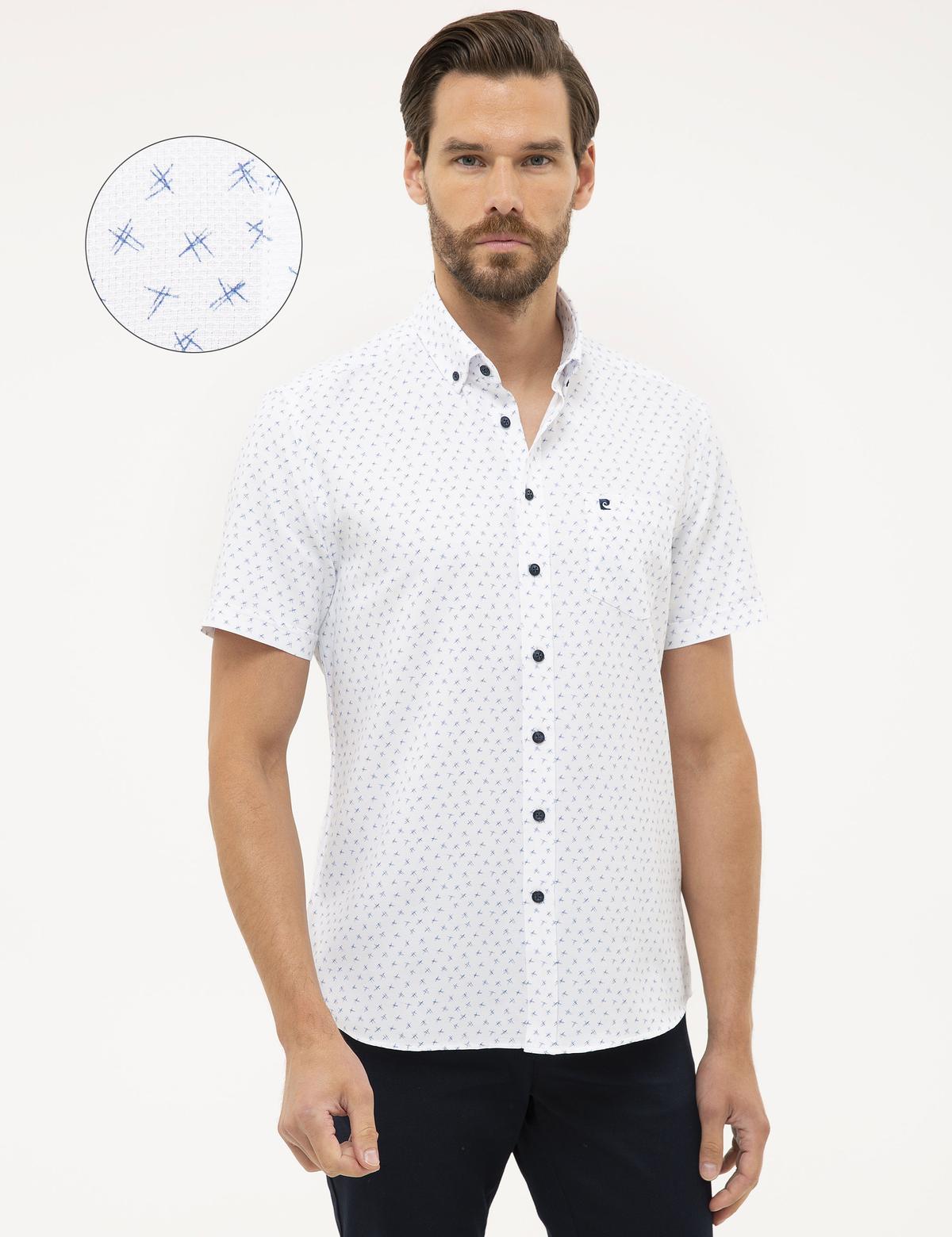 Lacivert Detaylı Beyaz Regular Fit Kısa Kollu Gömlek