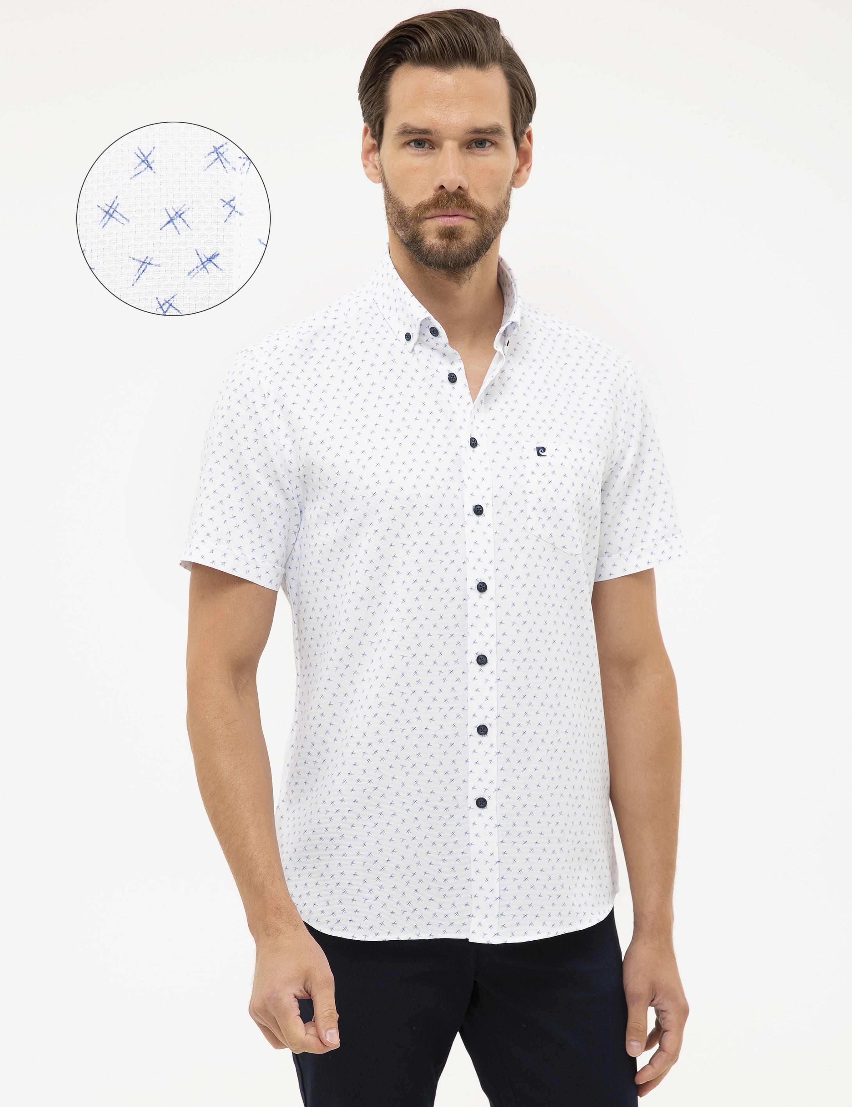 Lacivert Detaylı Beyaz Regular Fit Kısa Kollu Gömlek