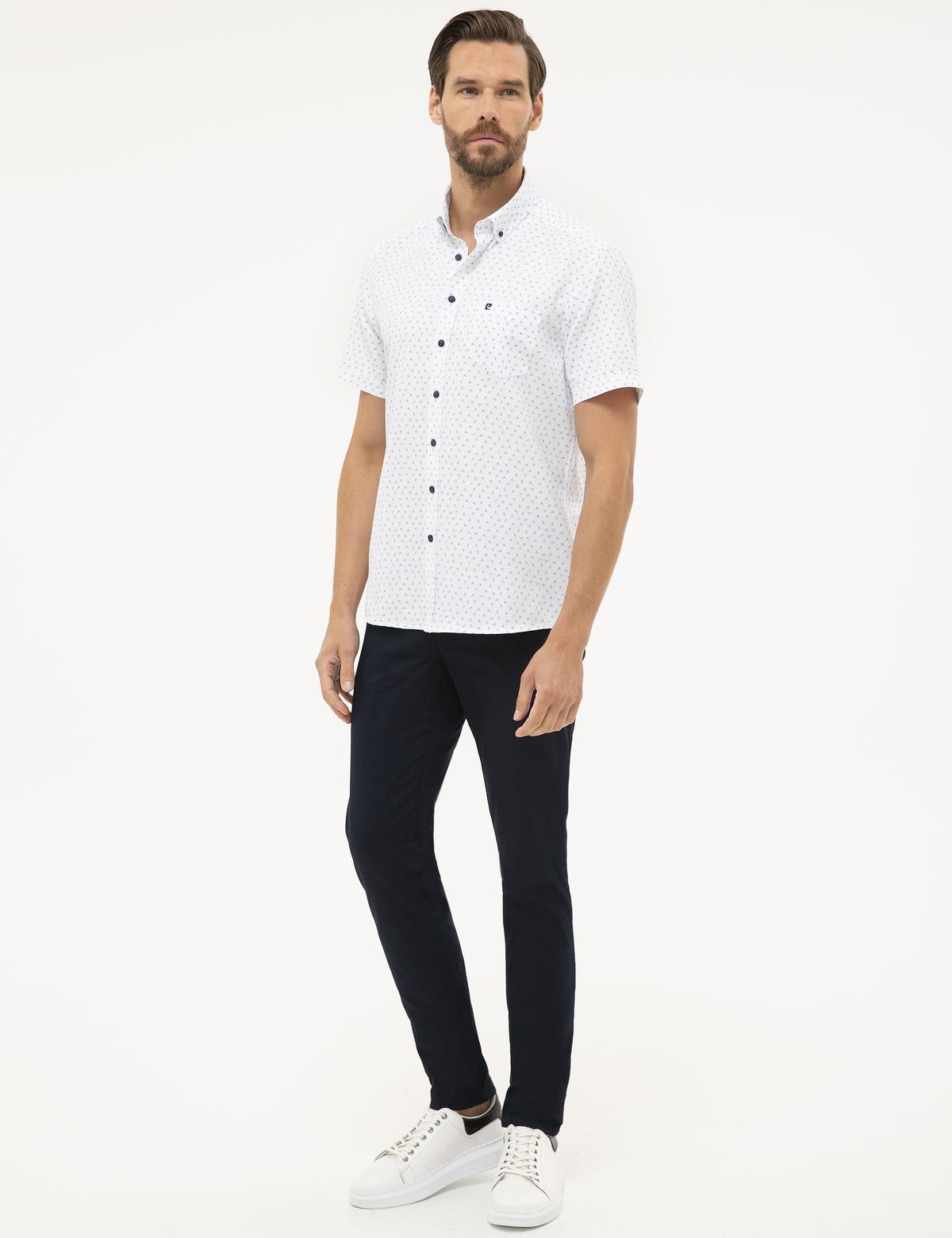 Lacivert Detaylı Beyaz Regular Fit Kısa Kollu Gömlek - 50227443008