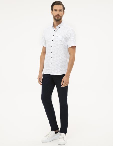 Lacivert Detaylı Beyaz Regular Fit Kısa Kollu Gömlek - 50227443008
