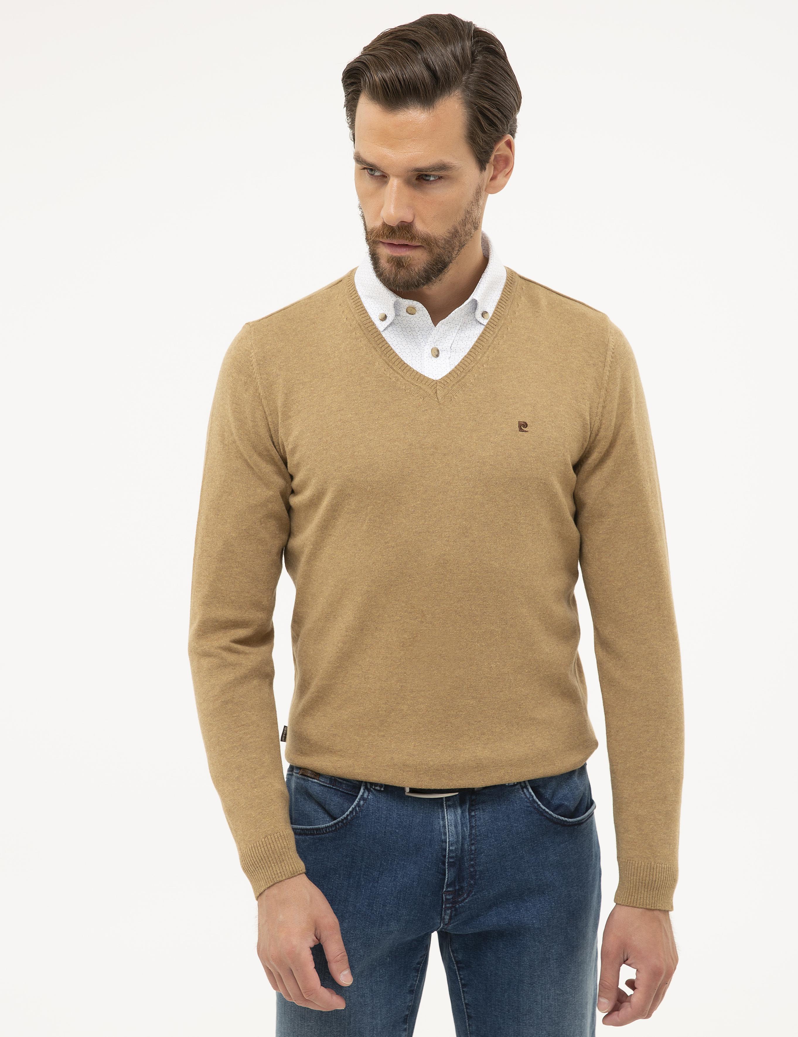 Camel Melanj Slim Fit V Yaka Basic Triko Kazak