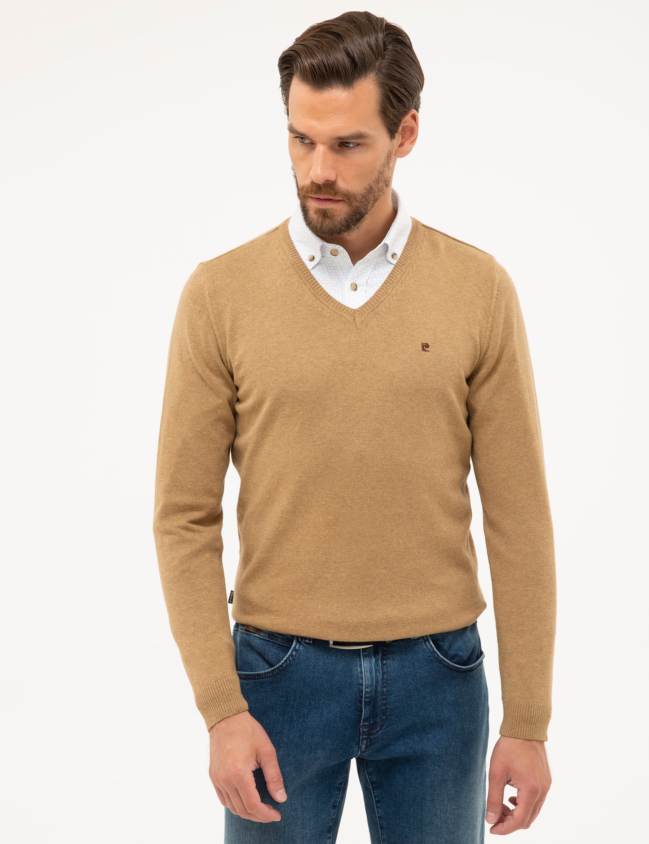 Camel Melanj Slim Fit V Yaka Basic Triko Kazak