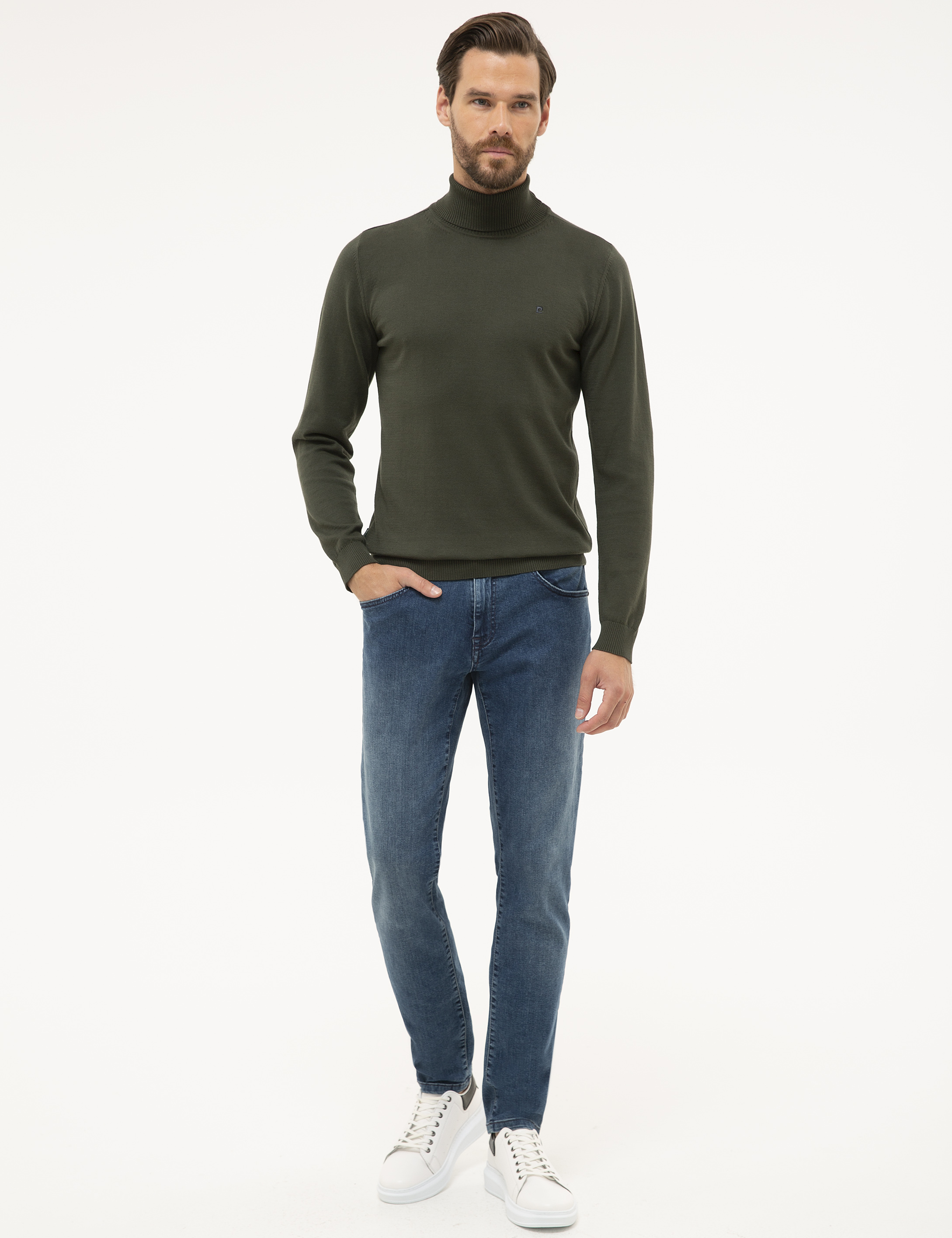 Yeşil Slim Fit Tam Balıkçı Yaka Basic Triko Kazak