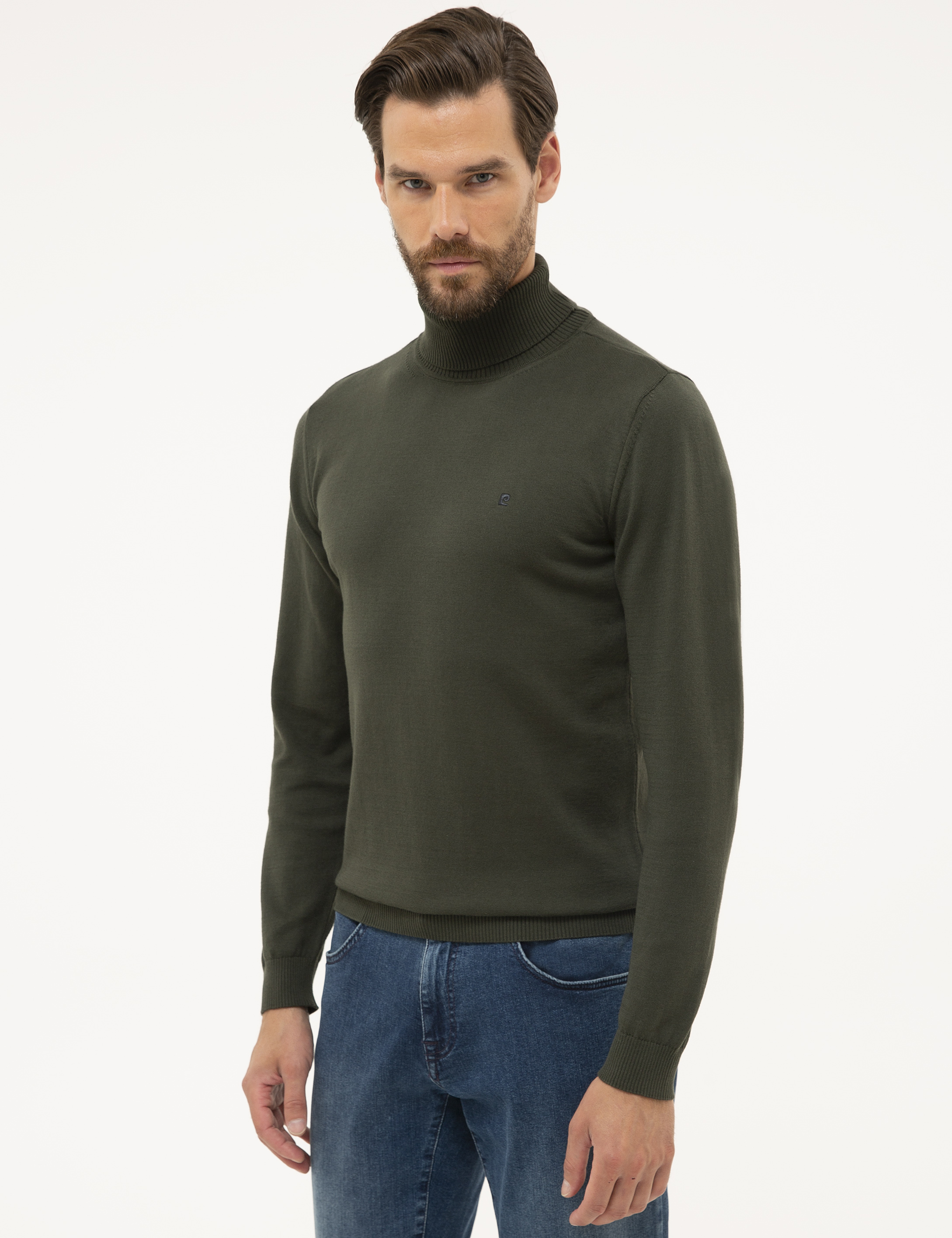 Yeşil Slim Fit Tam Balıkçı Yaka Basic Triko Kazak