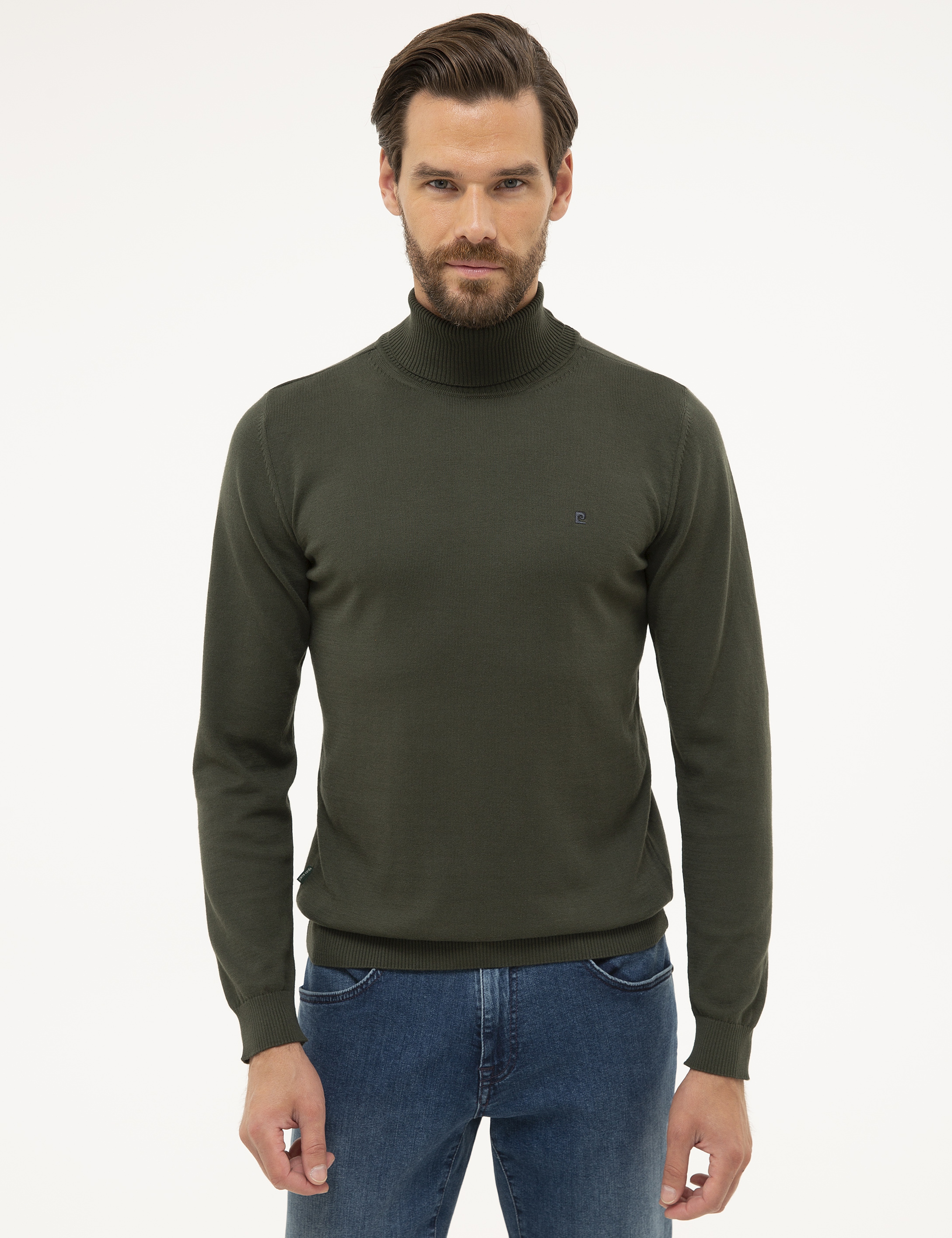 Yeşil Slim Fit Tam Balıkçı Yaka Basic Triko Kazak