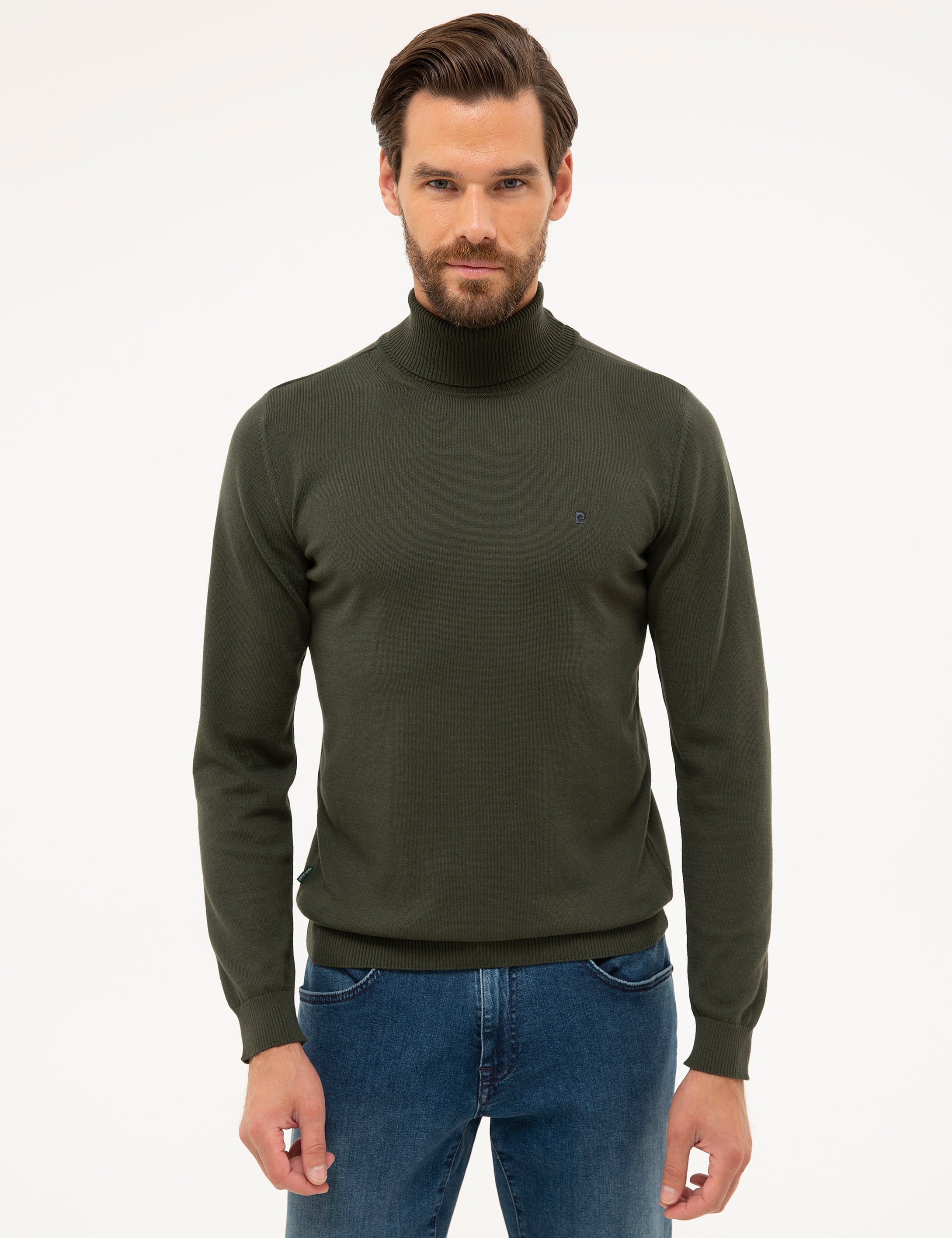 Yeşil Slim Fit Tam Balıkçı Yaka Basic Triko Kazak
