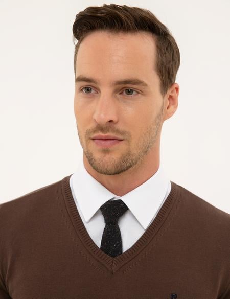 Kahverengi Slim Fit V Yaka Basic Triko Kazak - 50230806066