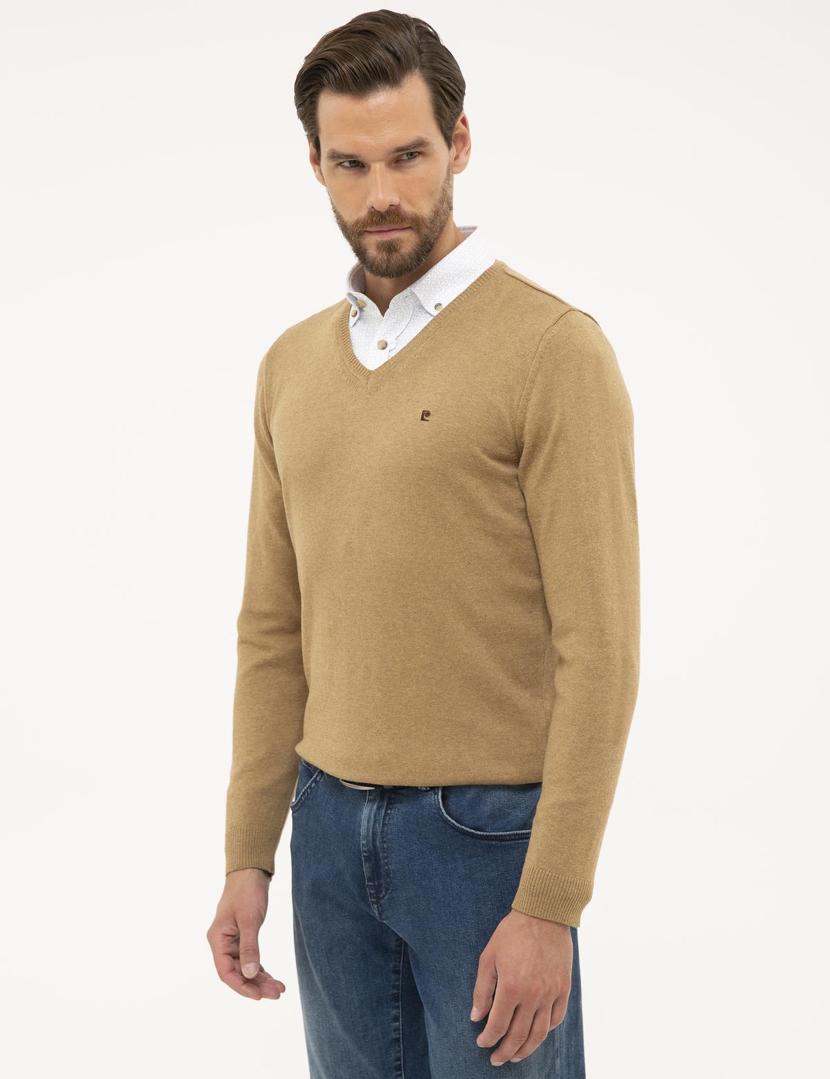 Camel Melanj Slim Fit V Yaka Basic Triko Kazak - 50230806078