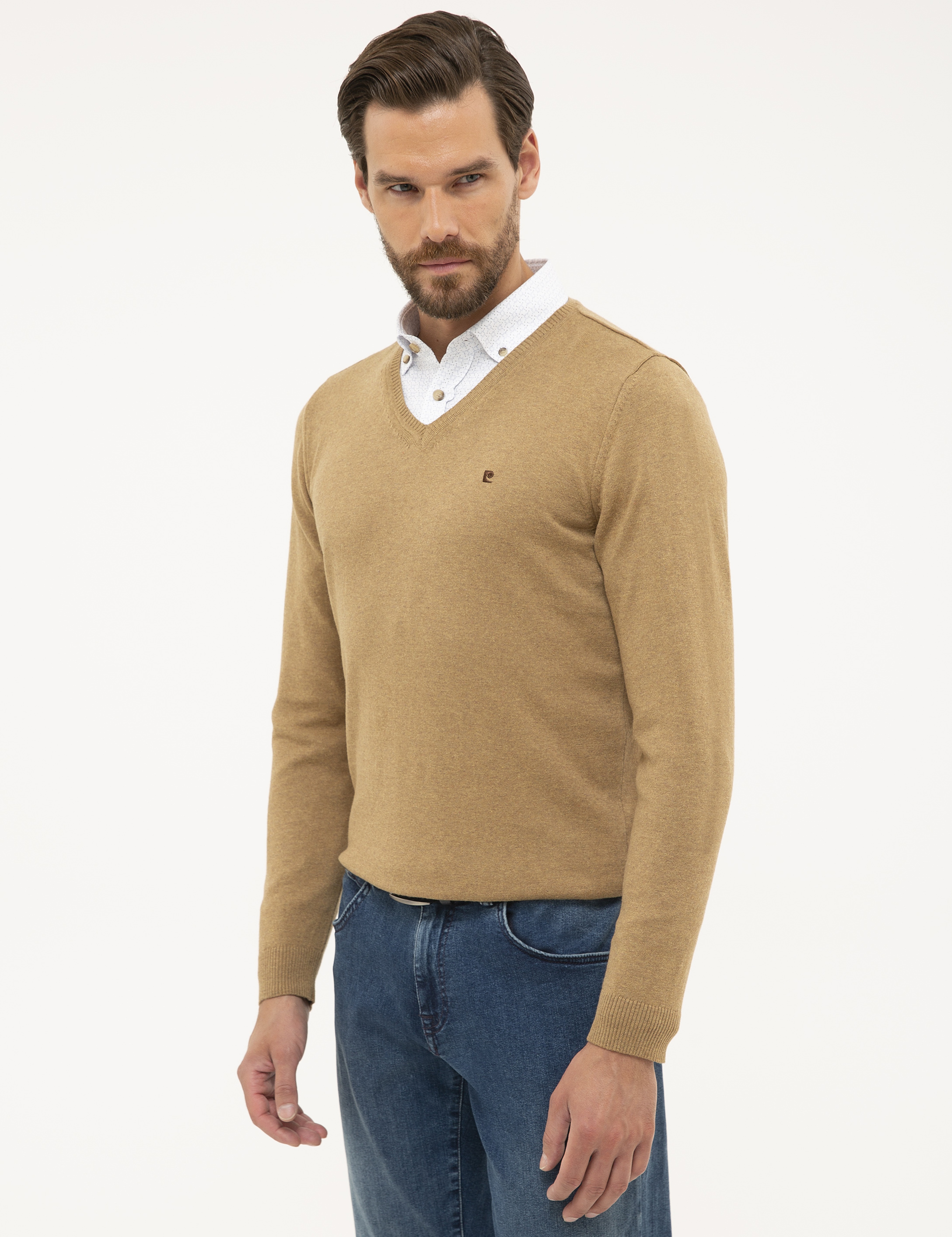 Camel Melanj Slim Fit V Yaka Basic Triko Kazak - Image 3