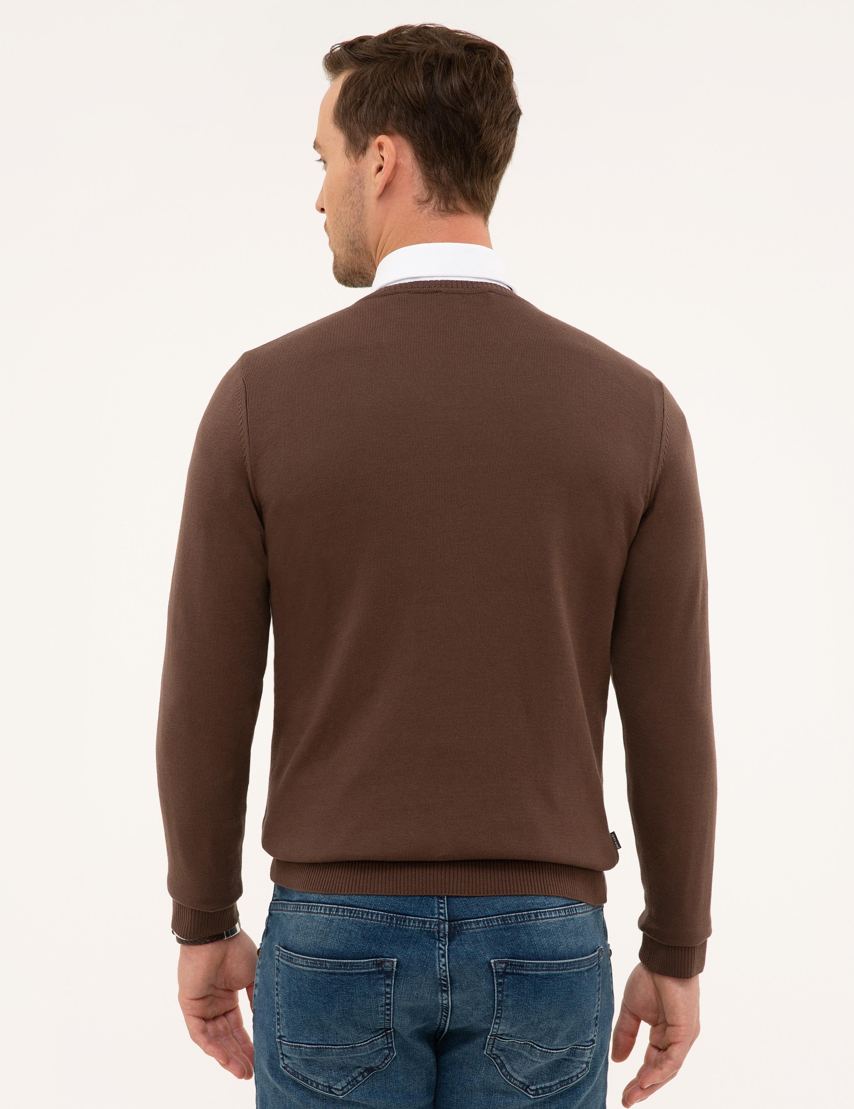 Kahverengi Slim Fit V Yaka Basic Triko Kazak