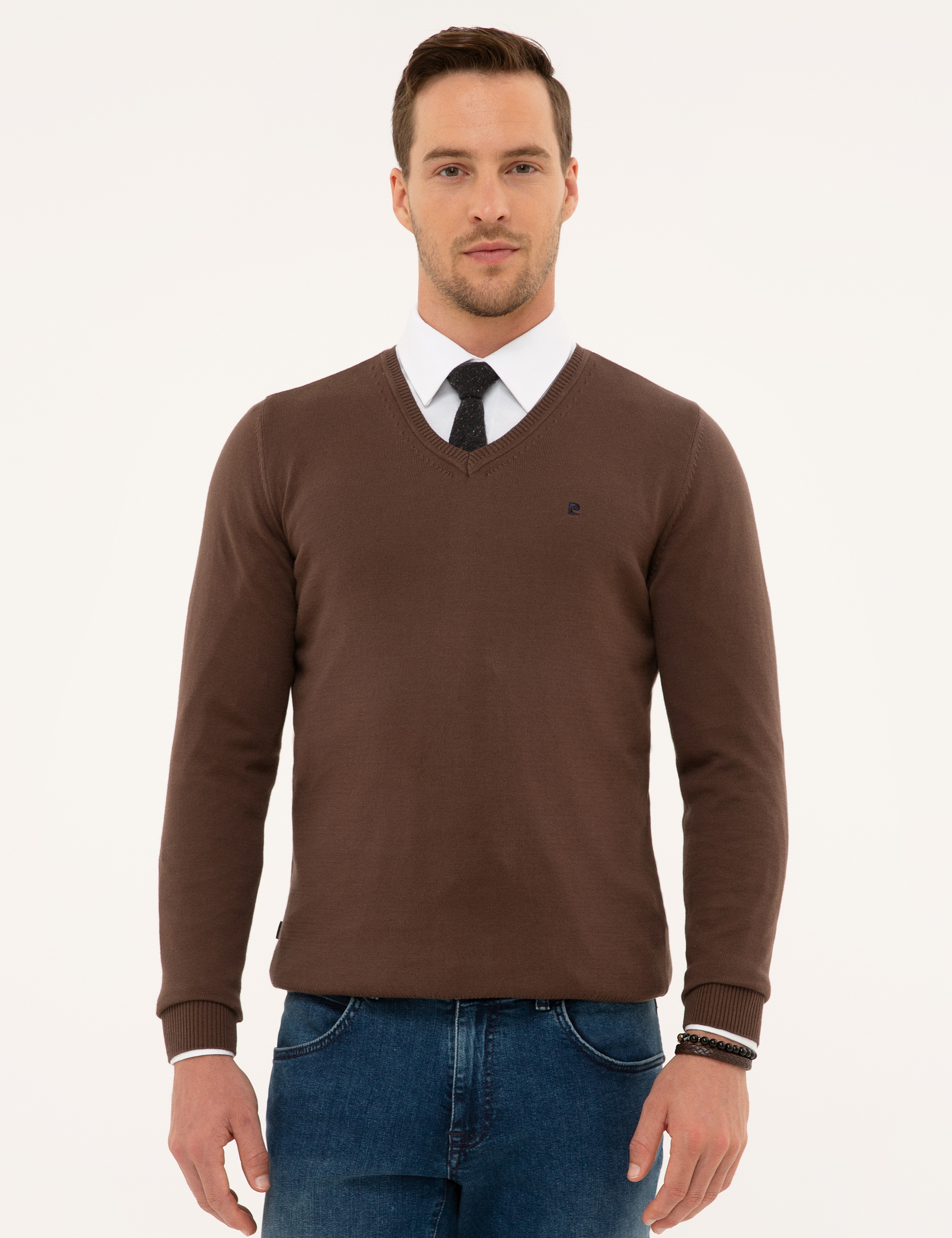 Kahverengi Slim Fit V Yaka Basic Triko Kazak - Image 1