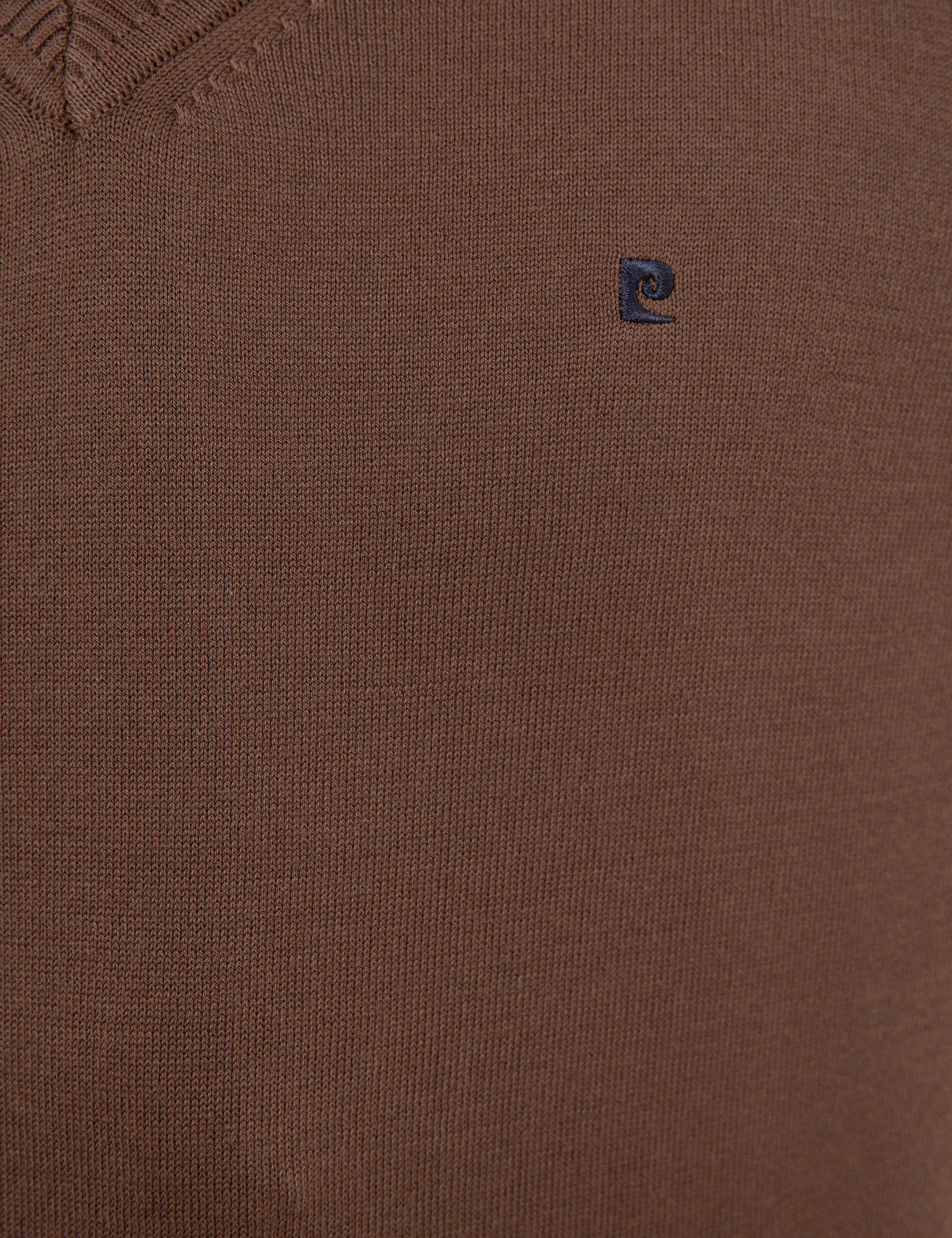 Kahverengi Slim Fit V Yaka Basic Triko Kazak