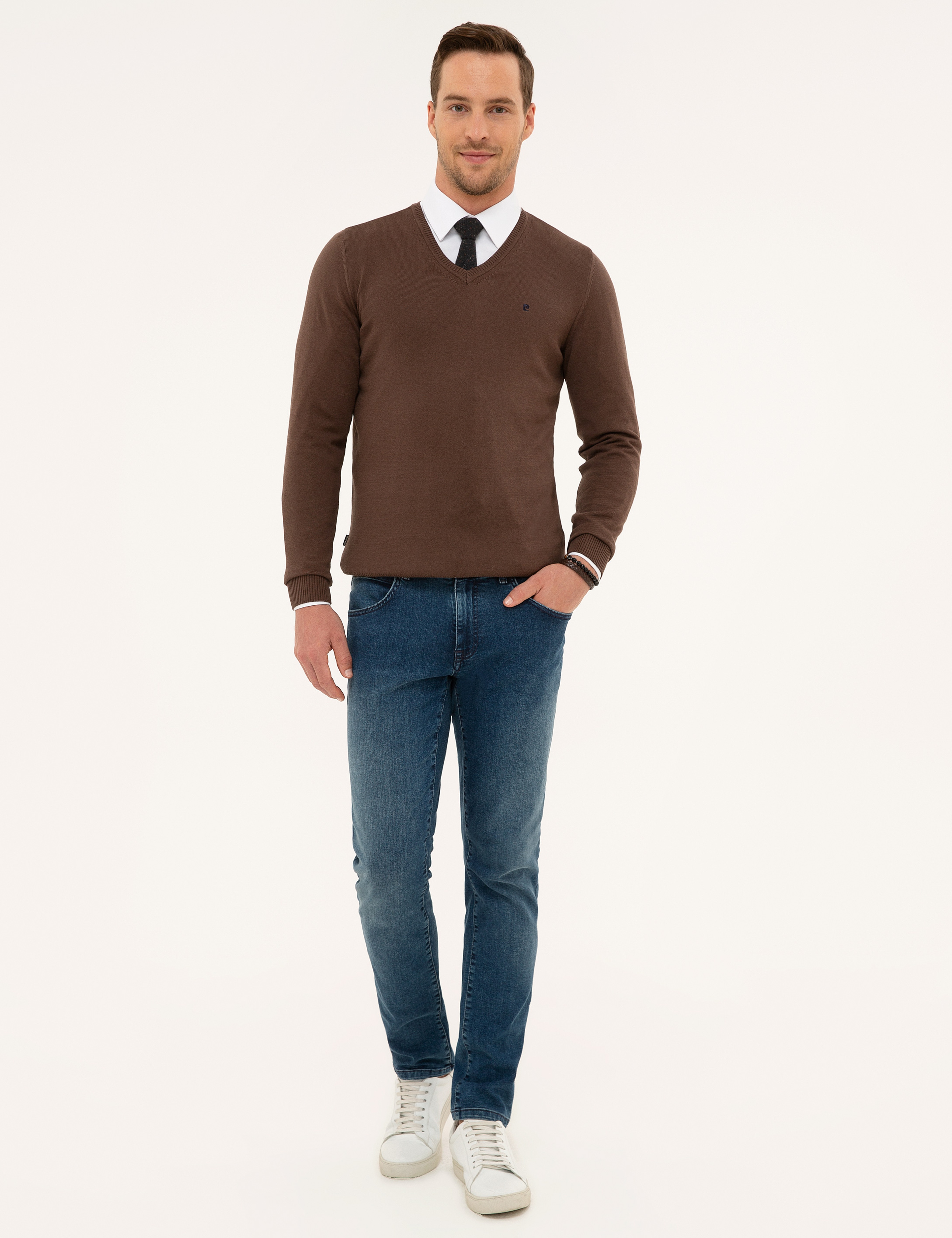 Kahverengi Slim Fit V Yaka Basic Triko Kazak