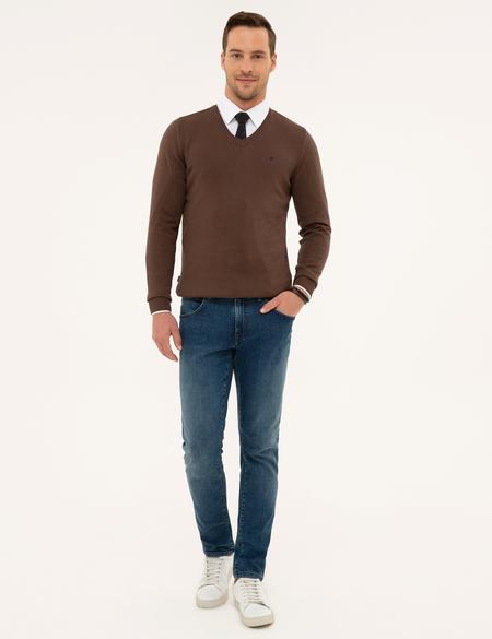 Kahverengi Slim Fit V Yaka Basic Triko Kazak - 50230806066