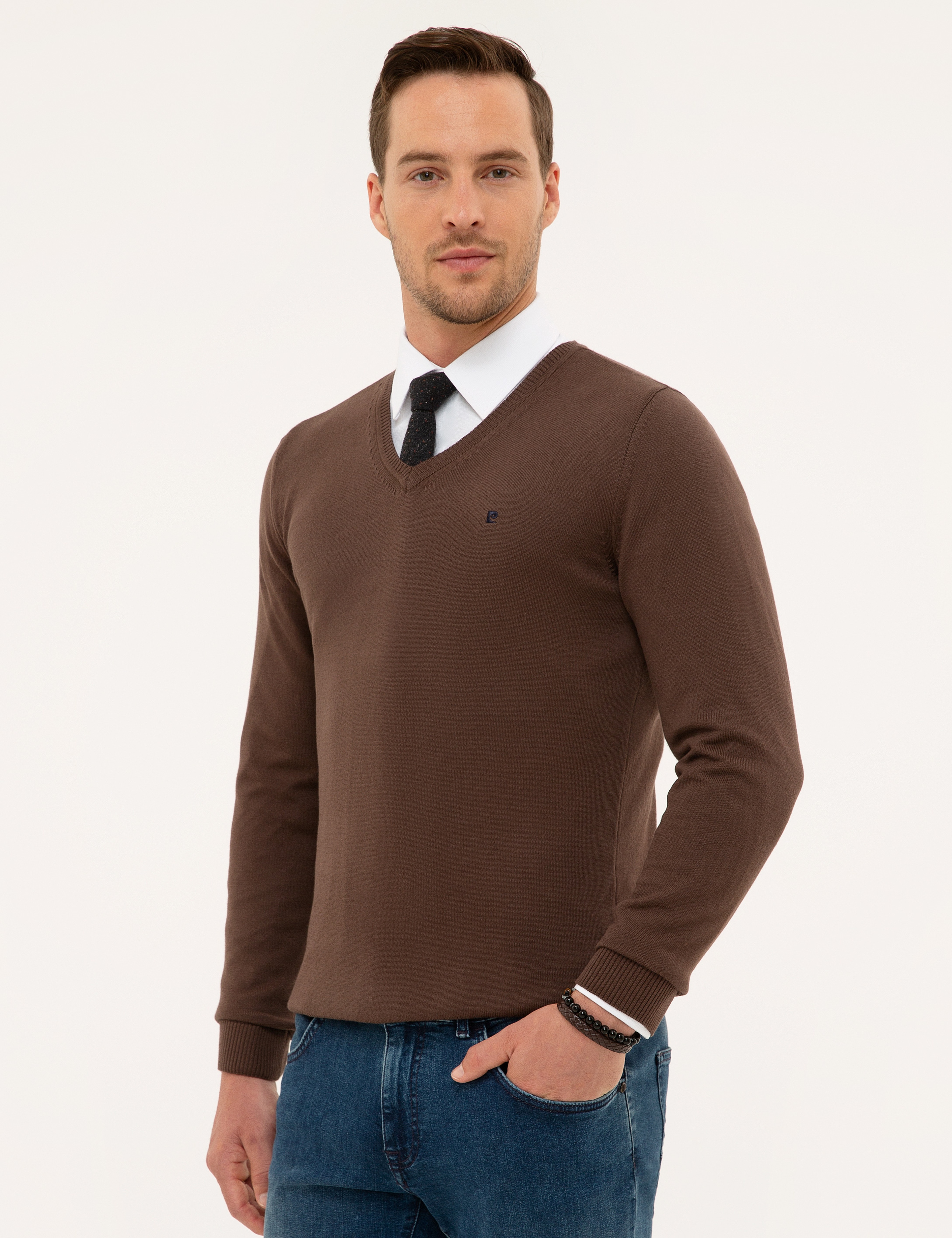 Kahverengi Slim Fit V Yaka Basic Triko Kazak - Image 3