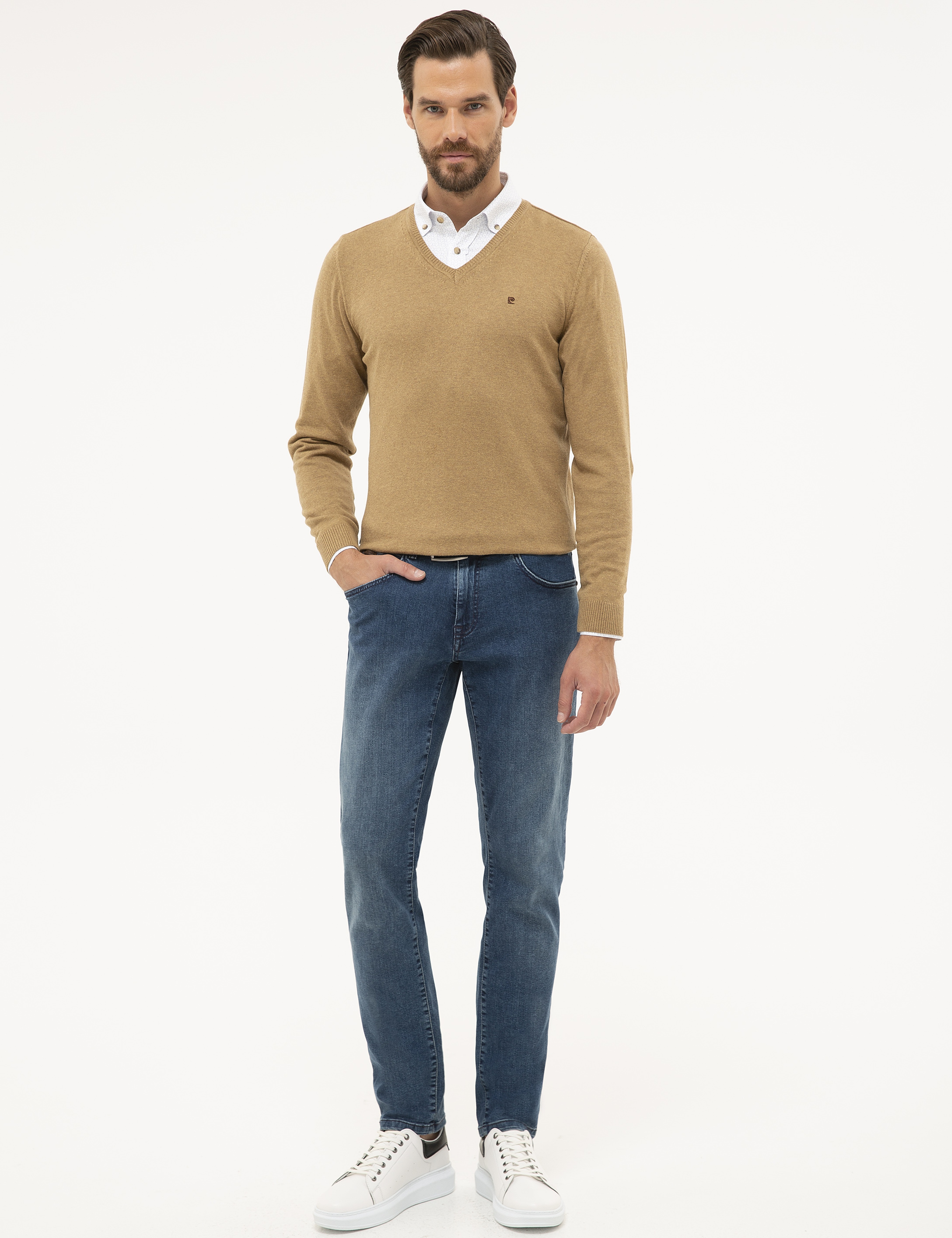 Camel Melanj Slim Fit V Yaka Basic Triko Kazak - Image 5