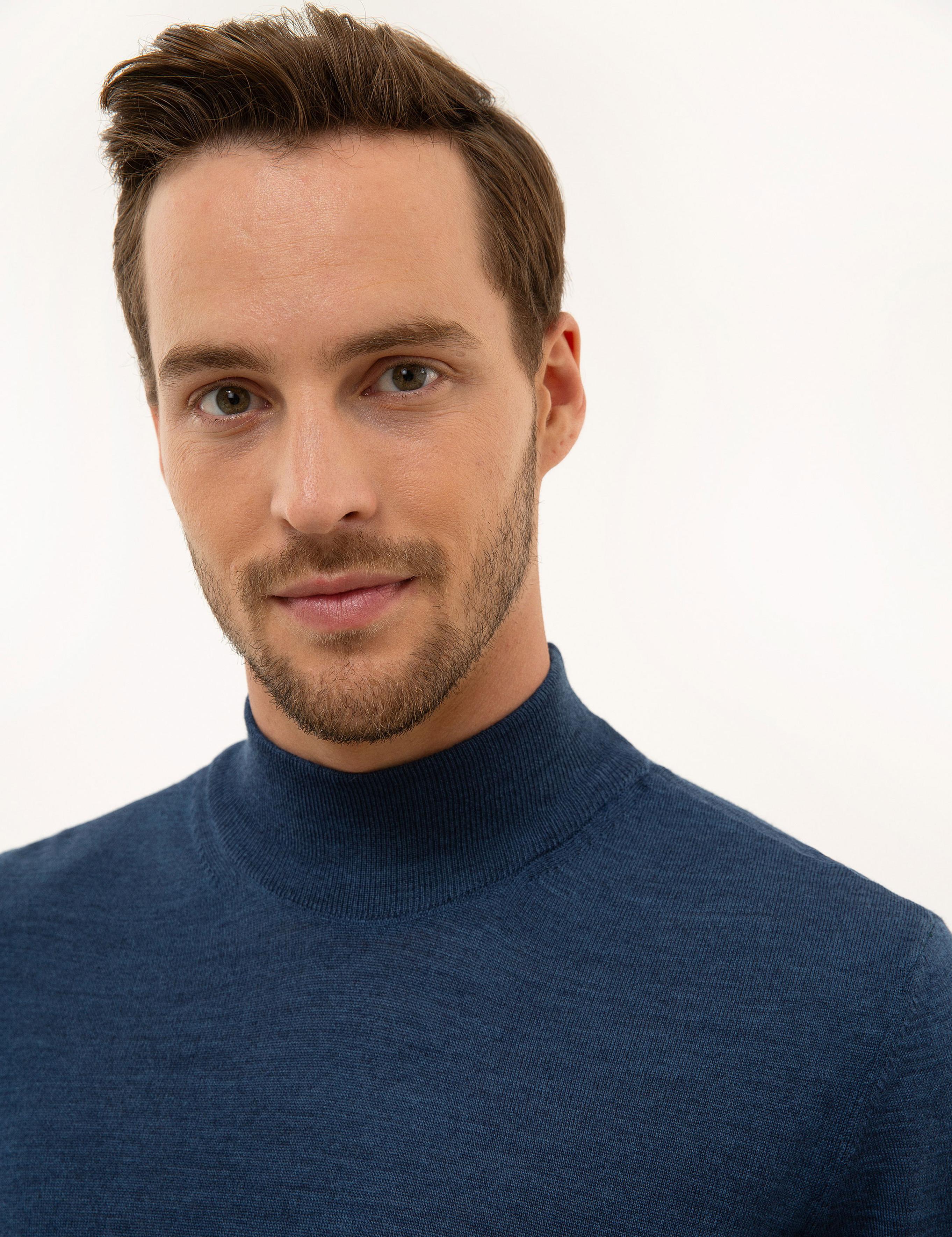 İndigo Mavi Slim Fit Yarım Balıkçı Yaka Basic Triko Kazak