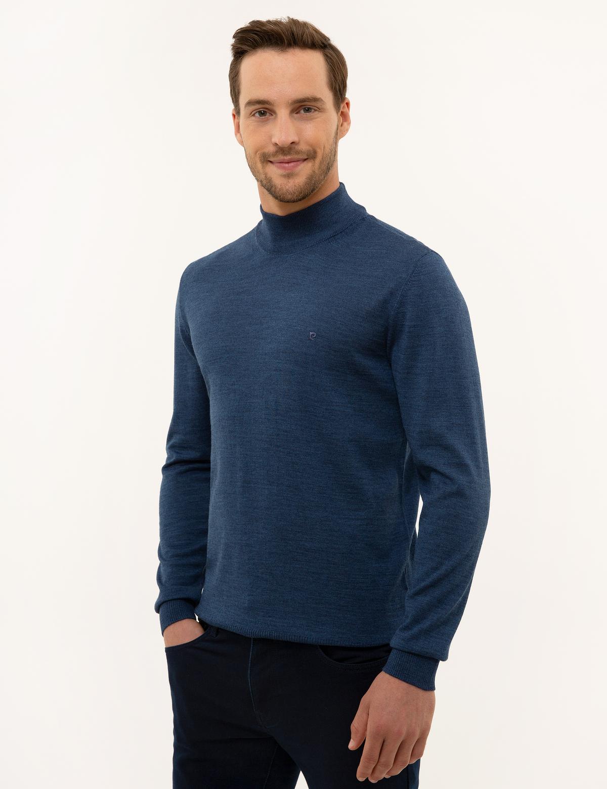 İndigo Mavi Slim Fit Yarım Balıkçı Yaka Basic Triko Kazak - 50228245039