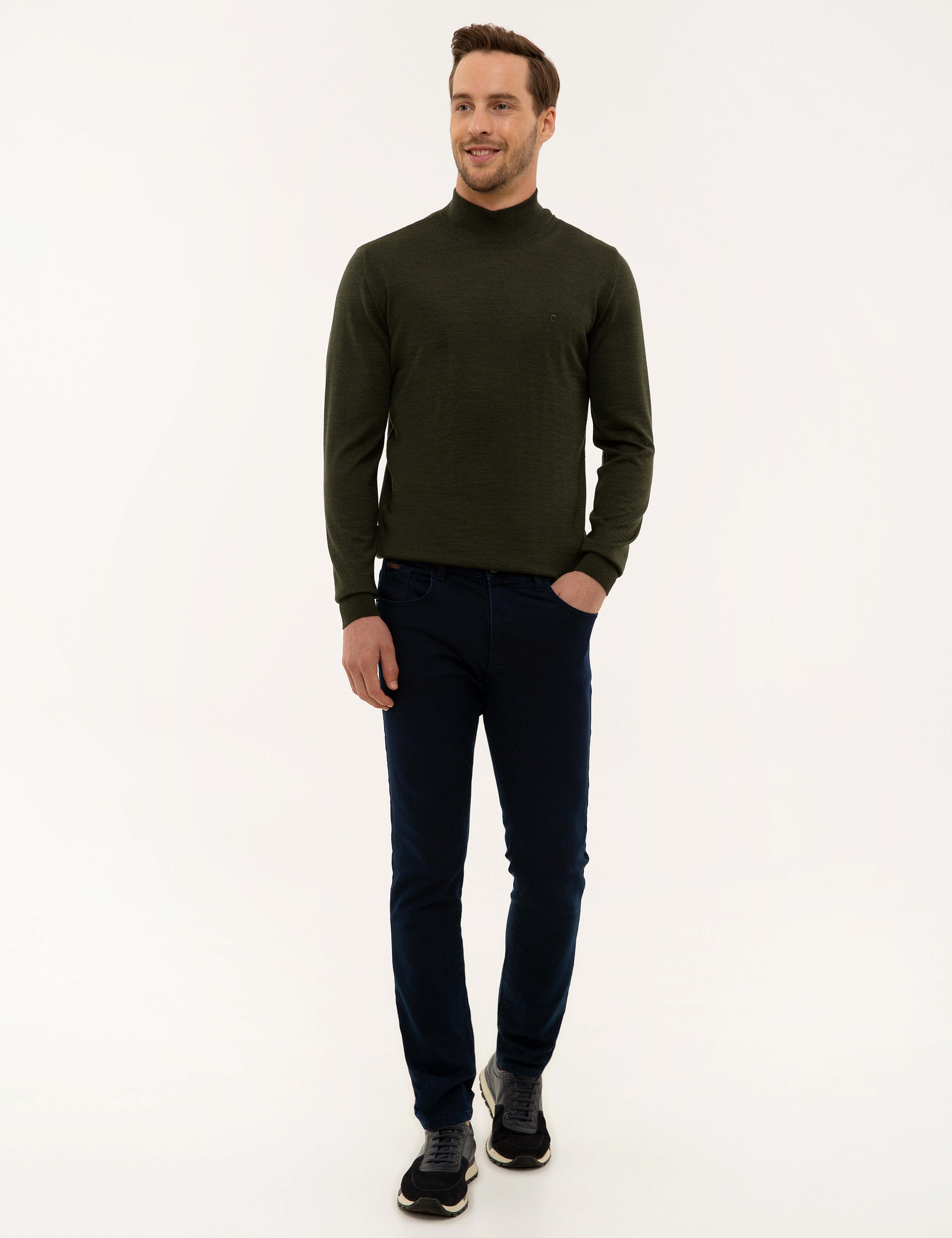 Yeşil Slim Fit Yarım Balıkçı Yaka Yün Karışımlı Basic Triko Kazak