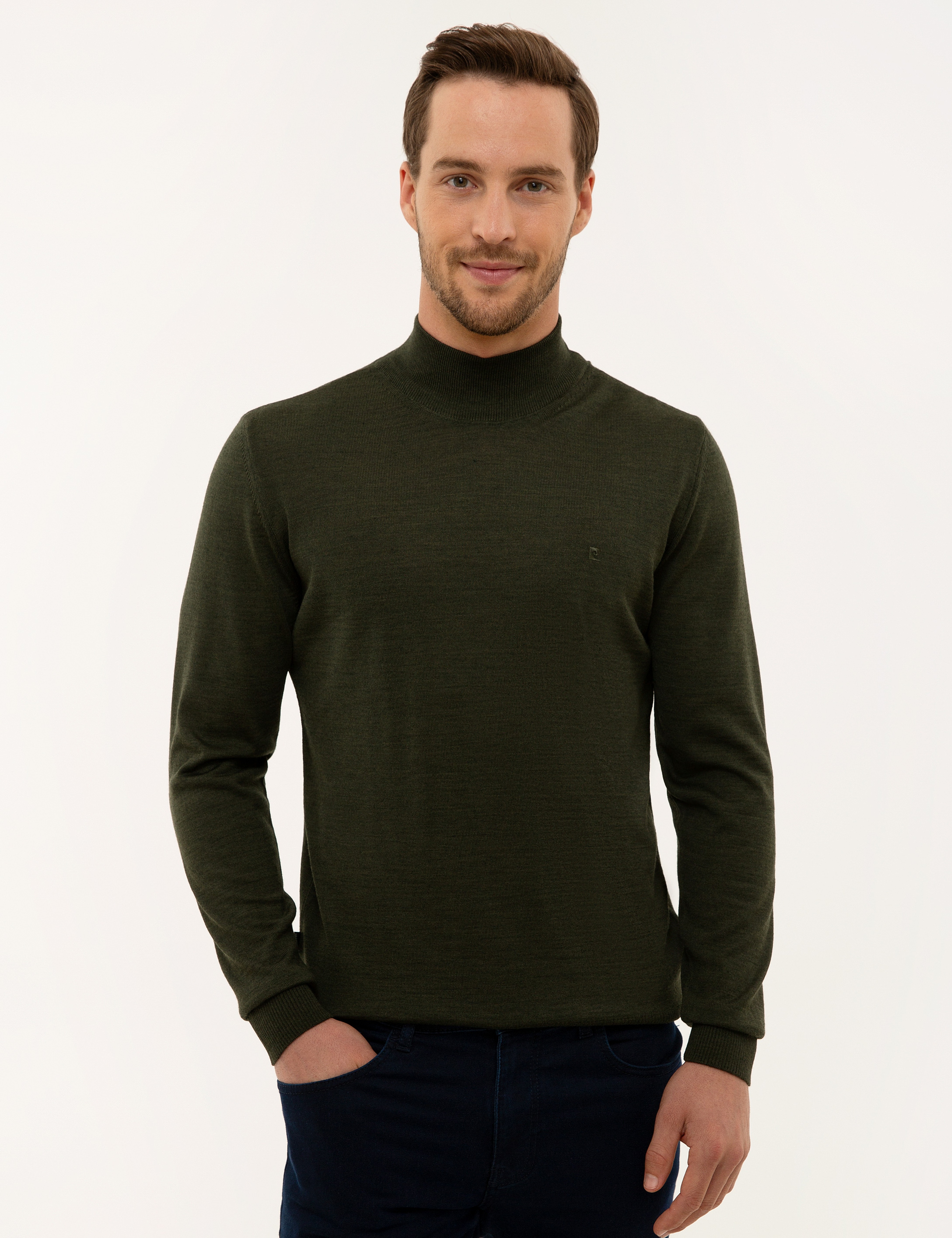 Yeşil Slim Fit Yarım Balıkçı Yaka Yün Karışımlı Basic Triko Kazak - Image 2