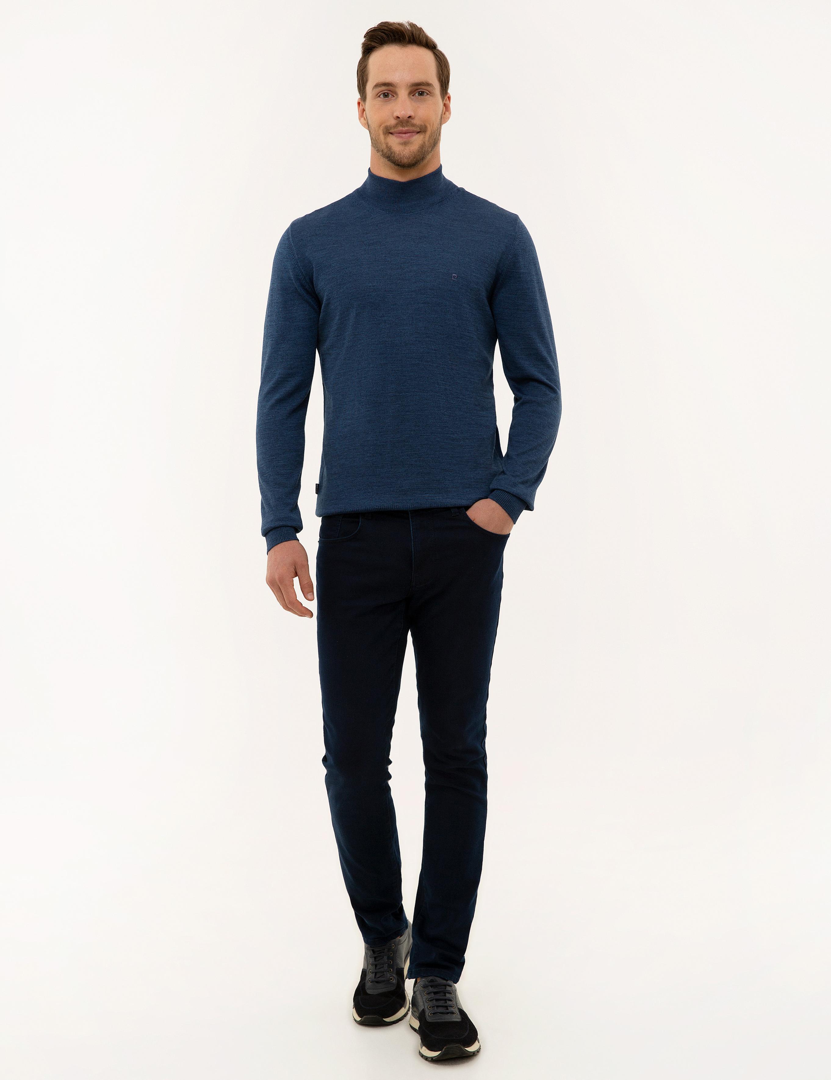 İndigo Mavi Slim Fit Yarım Balıkçı Yaka Basic Triko Kazak