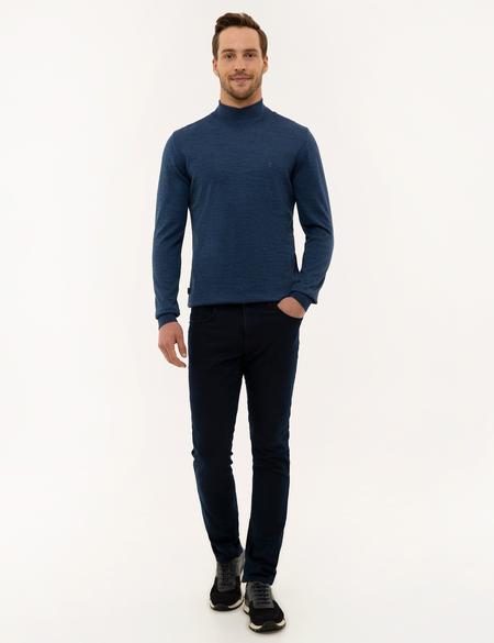 İndigo Mavi Slim Fit Yarım Balıkçı Yaka Basic Triko Kazak - 50228245039