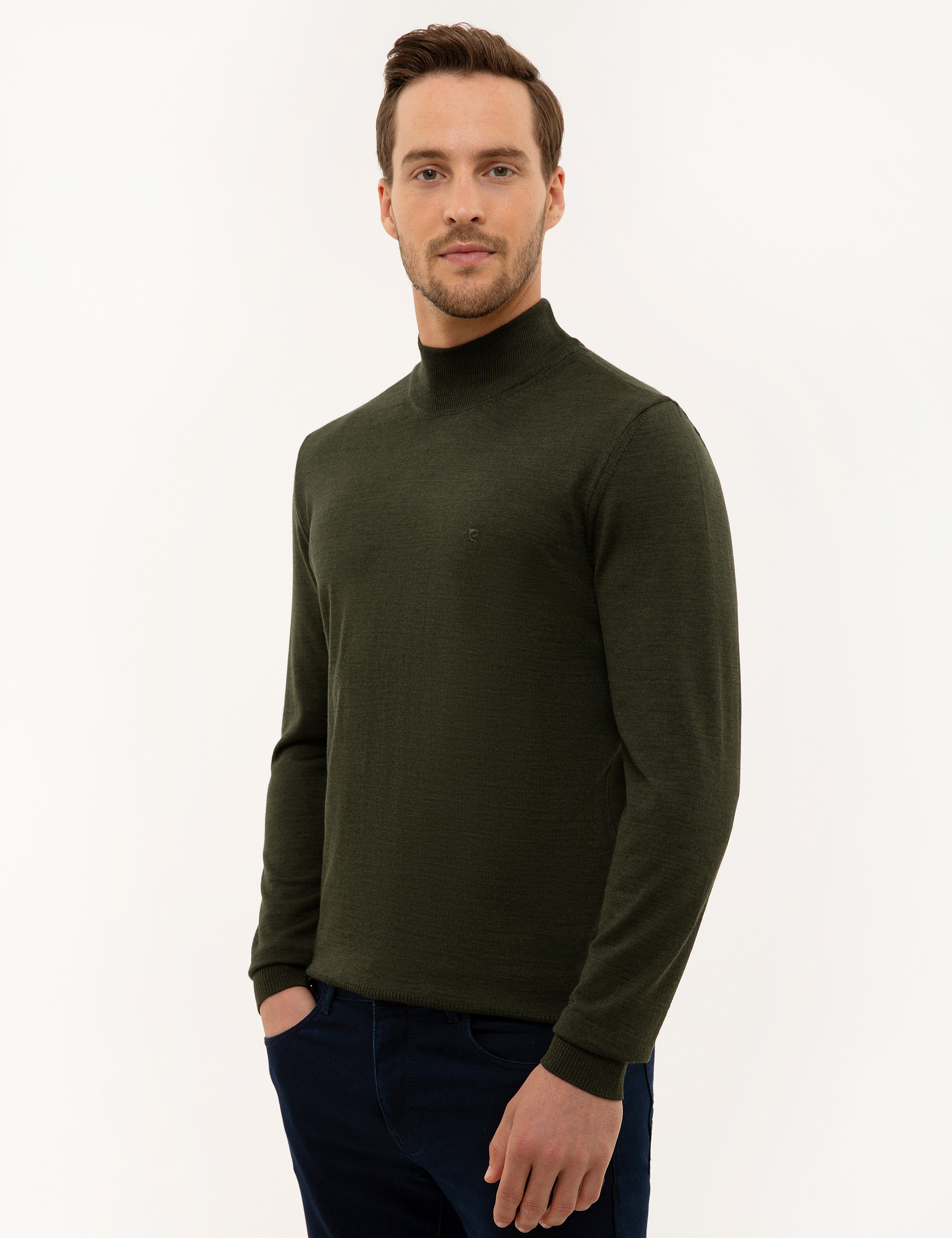 Yeşil Slim Fit Yarım Balıkçı Yaka Yün Karışımlı Basic Triko Kazak - Image 4