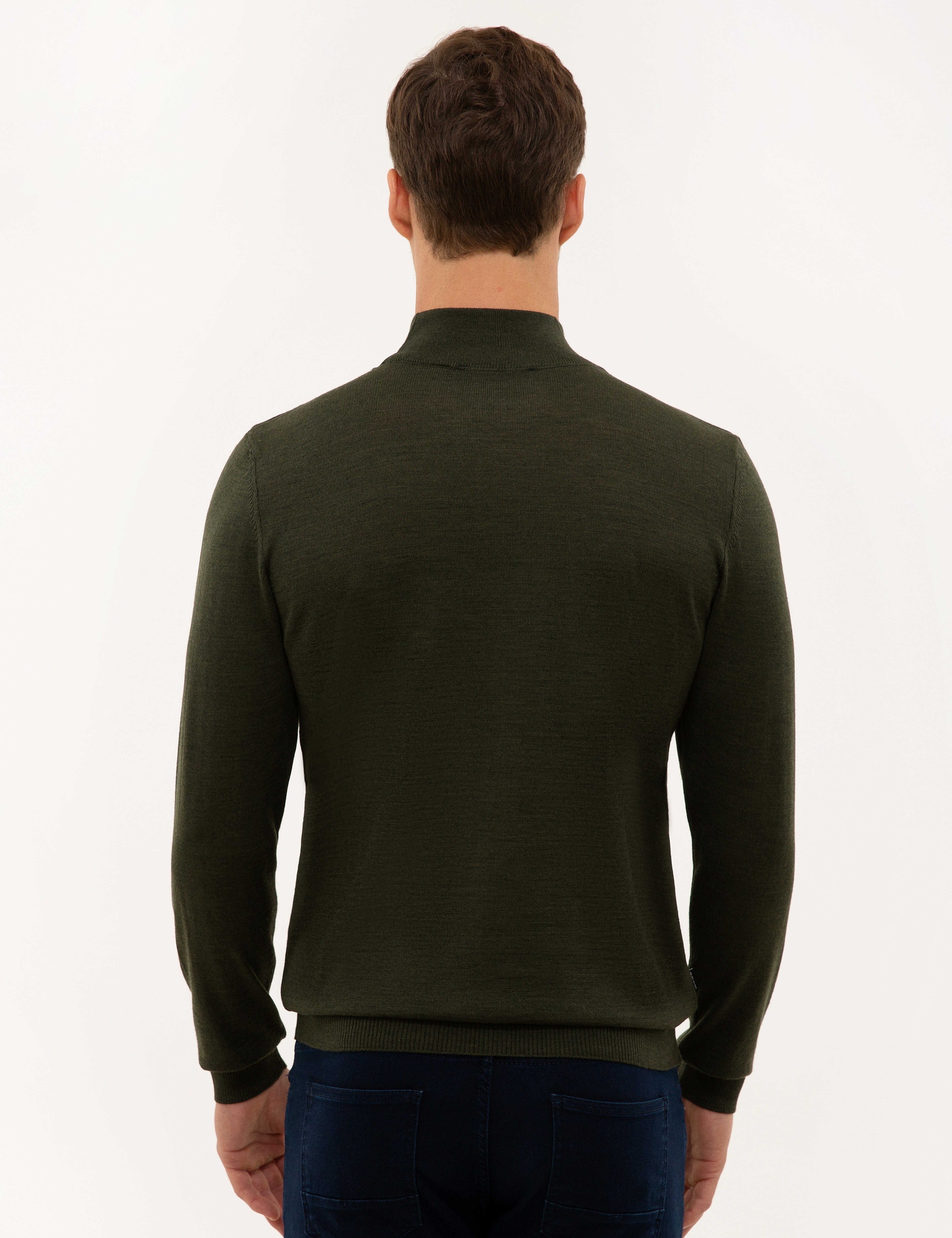 Yeşil Slim Fit Yarım Balıkçı Yaka Yün Karışımlı Basic Triko Kazak