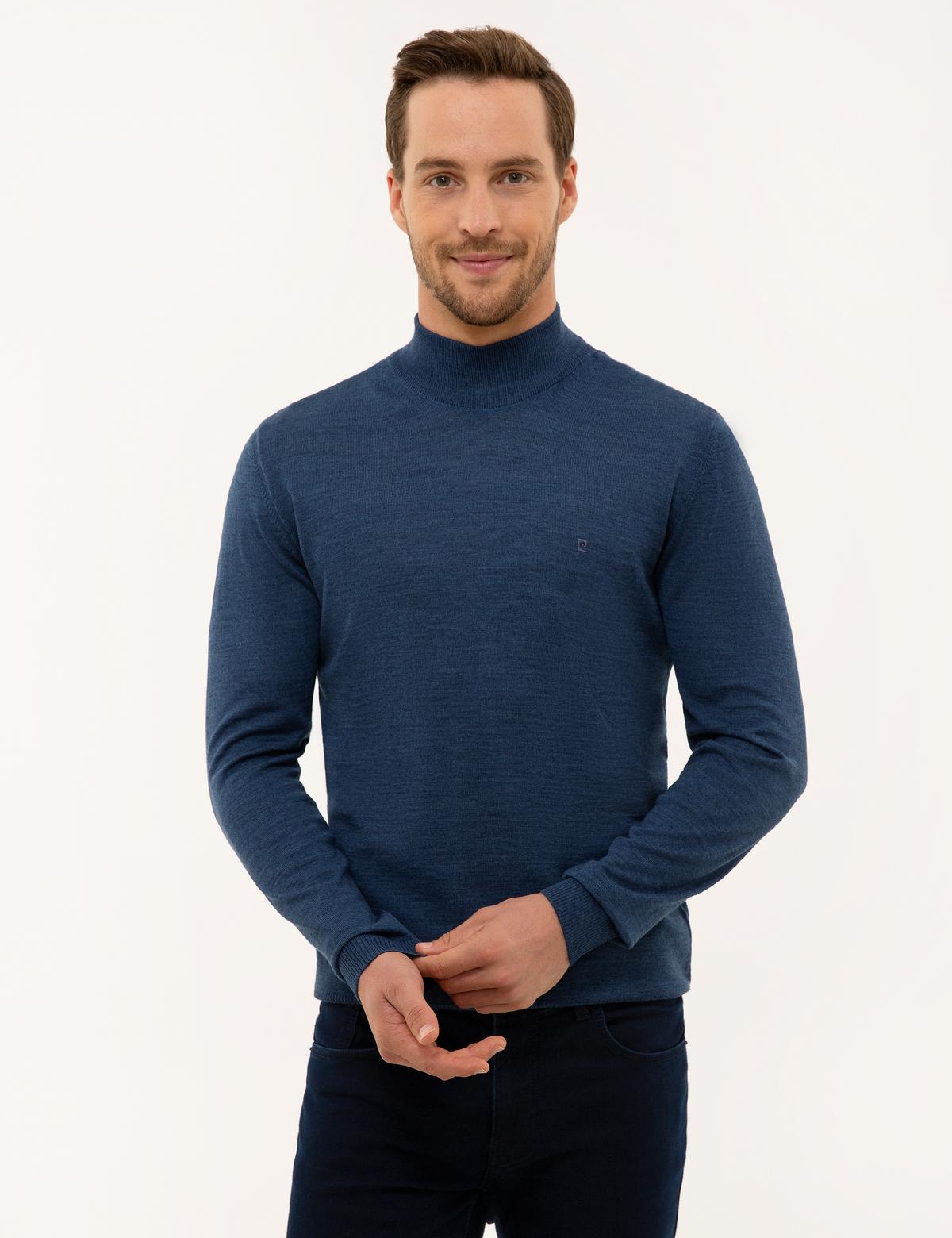 İndigo Mavi Slim Fit Yarım Balıkçı Yaka Basic Triko Kazak