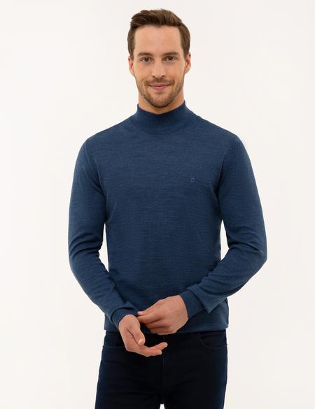 İndigo Mavi Slim Fit Yarım Balıkçı Yaka Basic Triko Kazak - 50228245039