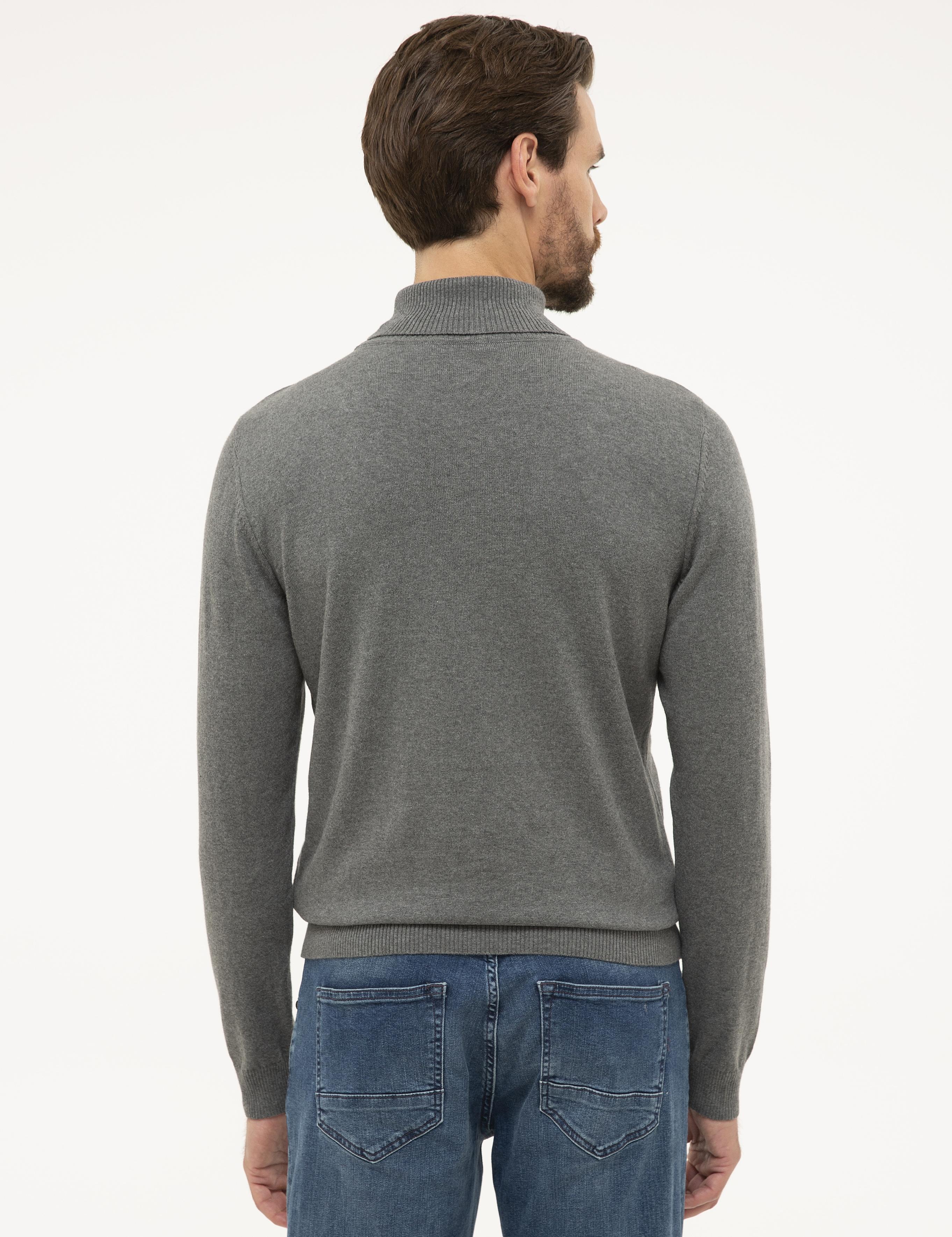 Gri Melanj Slim Fit Tam Balıkçı Yaka Basic Triko Kazak