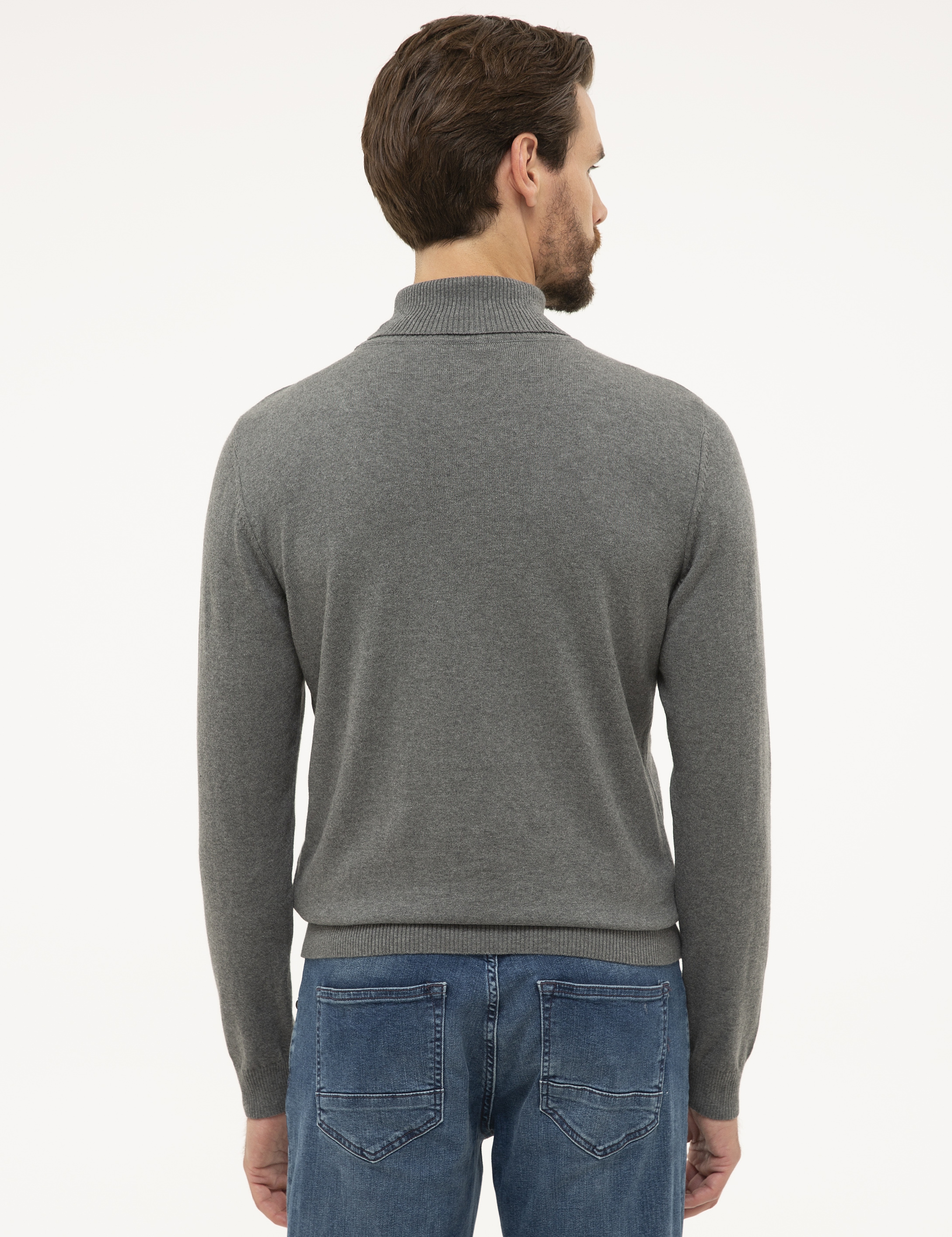 Gri Melanj Slim Fit Tam Balıkçı Yaka Basic Triko Kazak - Image 4