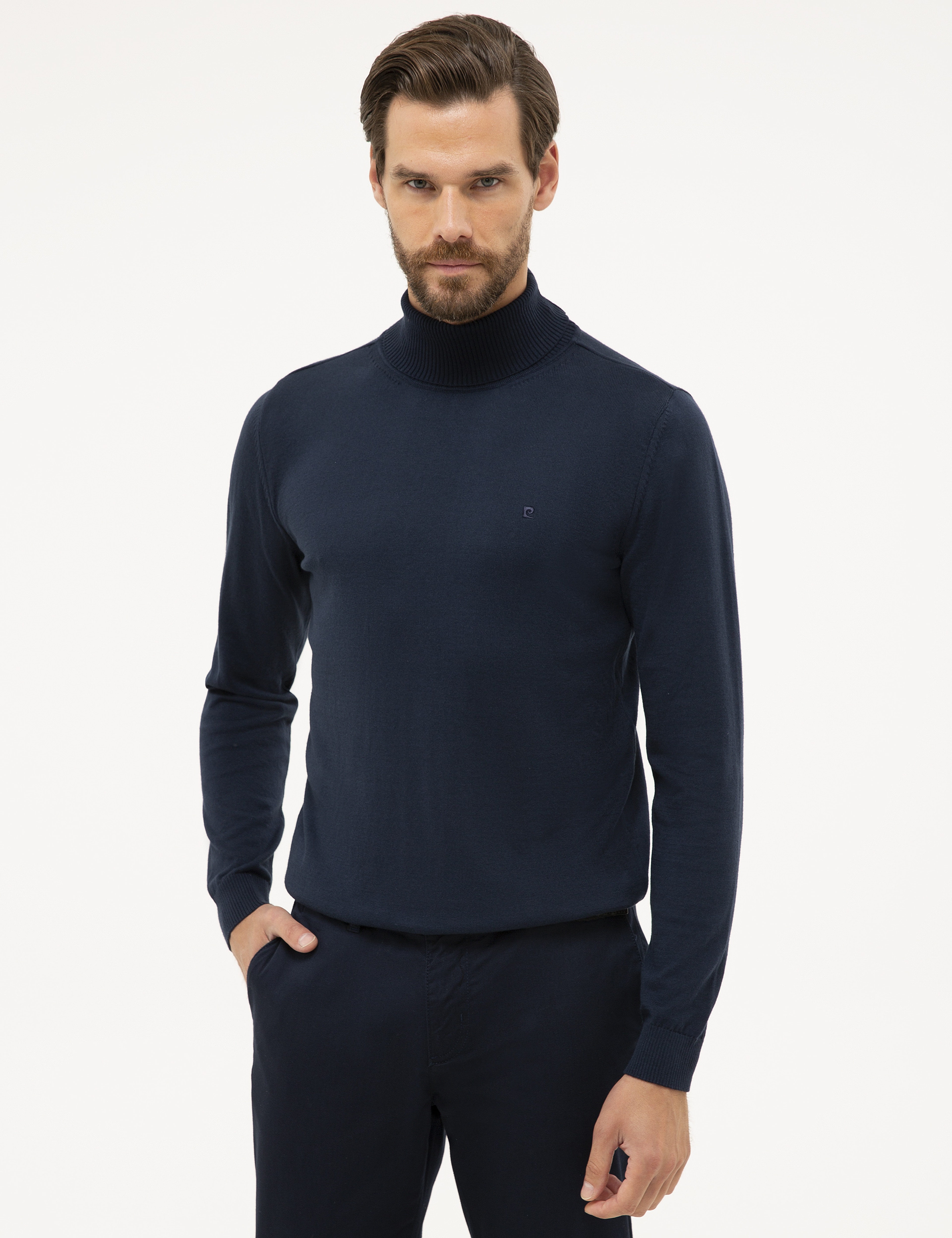 Lacivert Slim Fit Tam Balıkçı Yaka Basic Triko Kazak