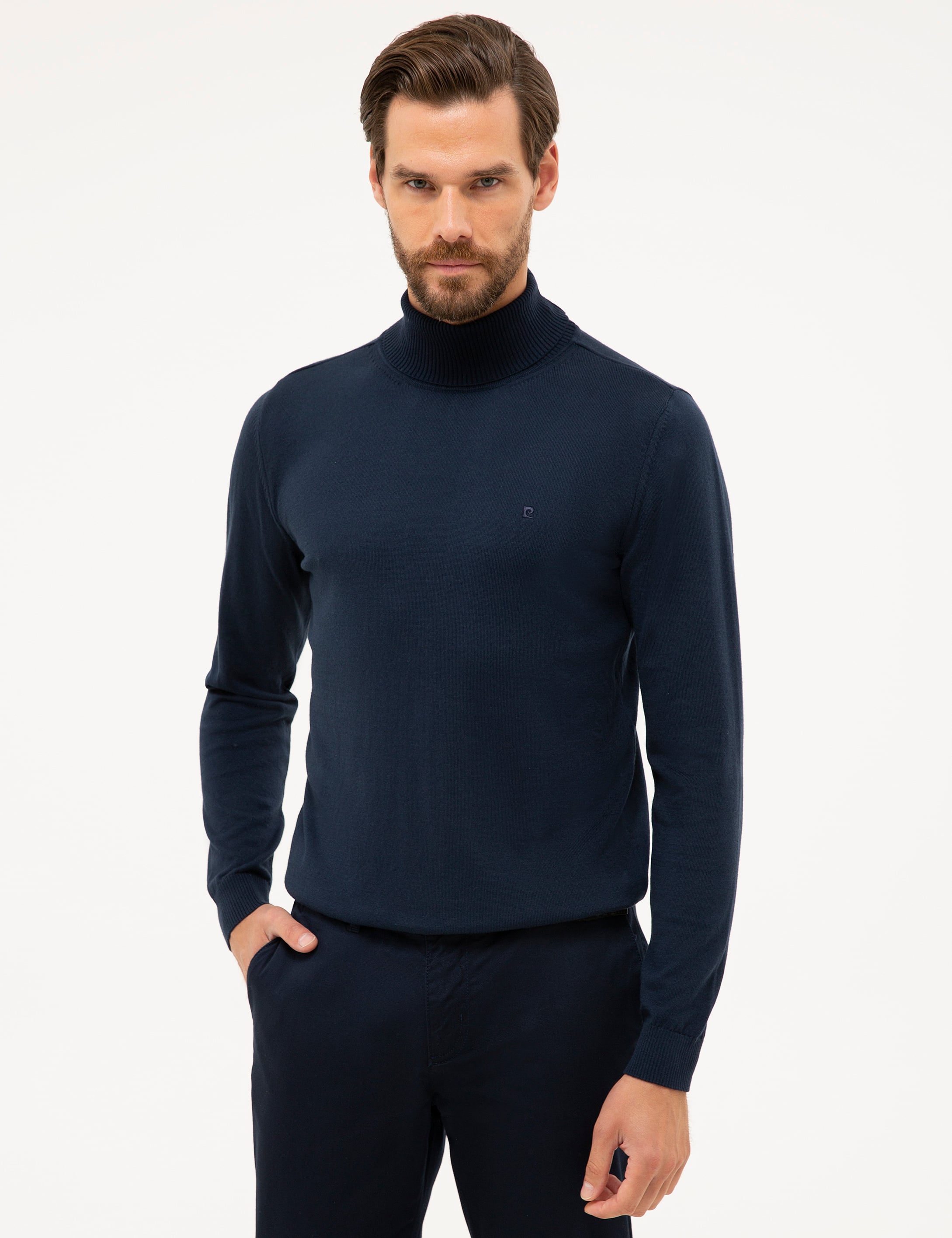 Lacivert Slim Fit Tam Balıkçı Yaka Basic Triko Kazak