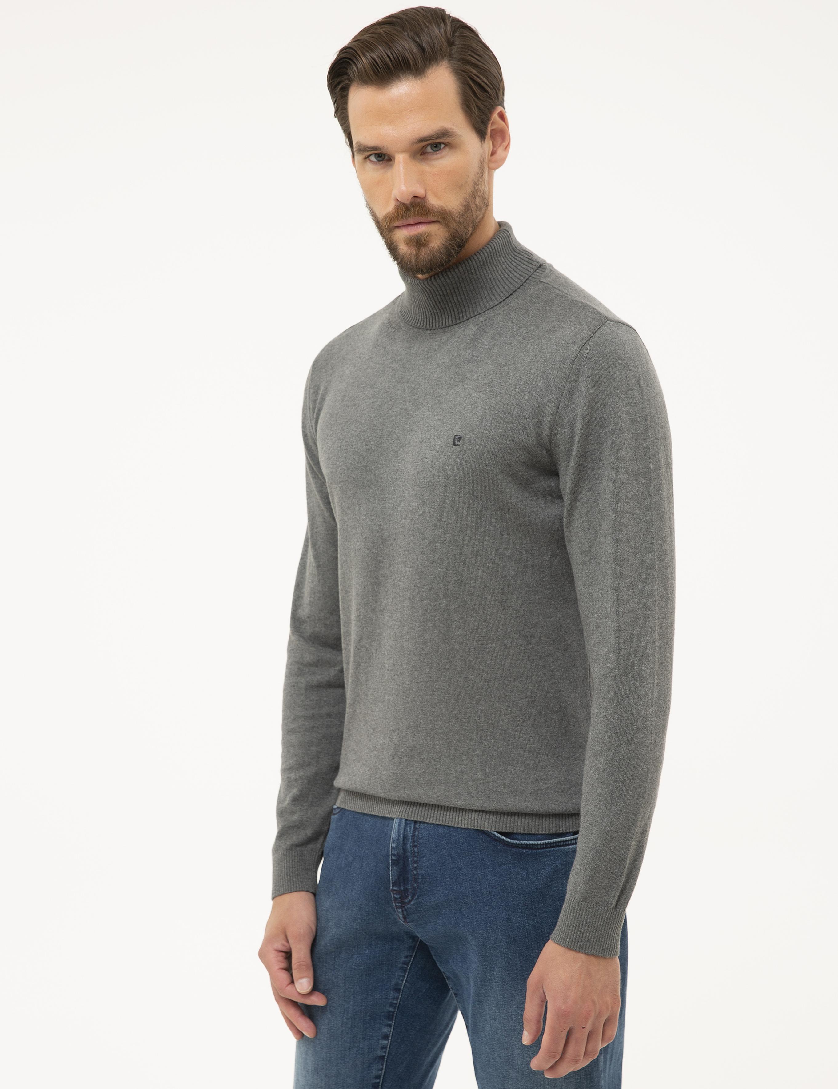 Gri Melanj Slim Fit Tam Balıkçı Yaka Basic Triko Kazak