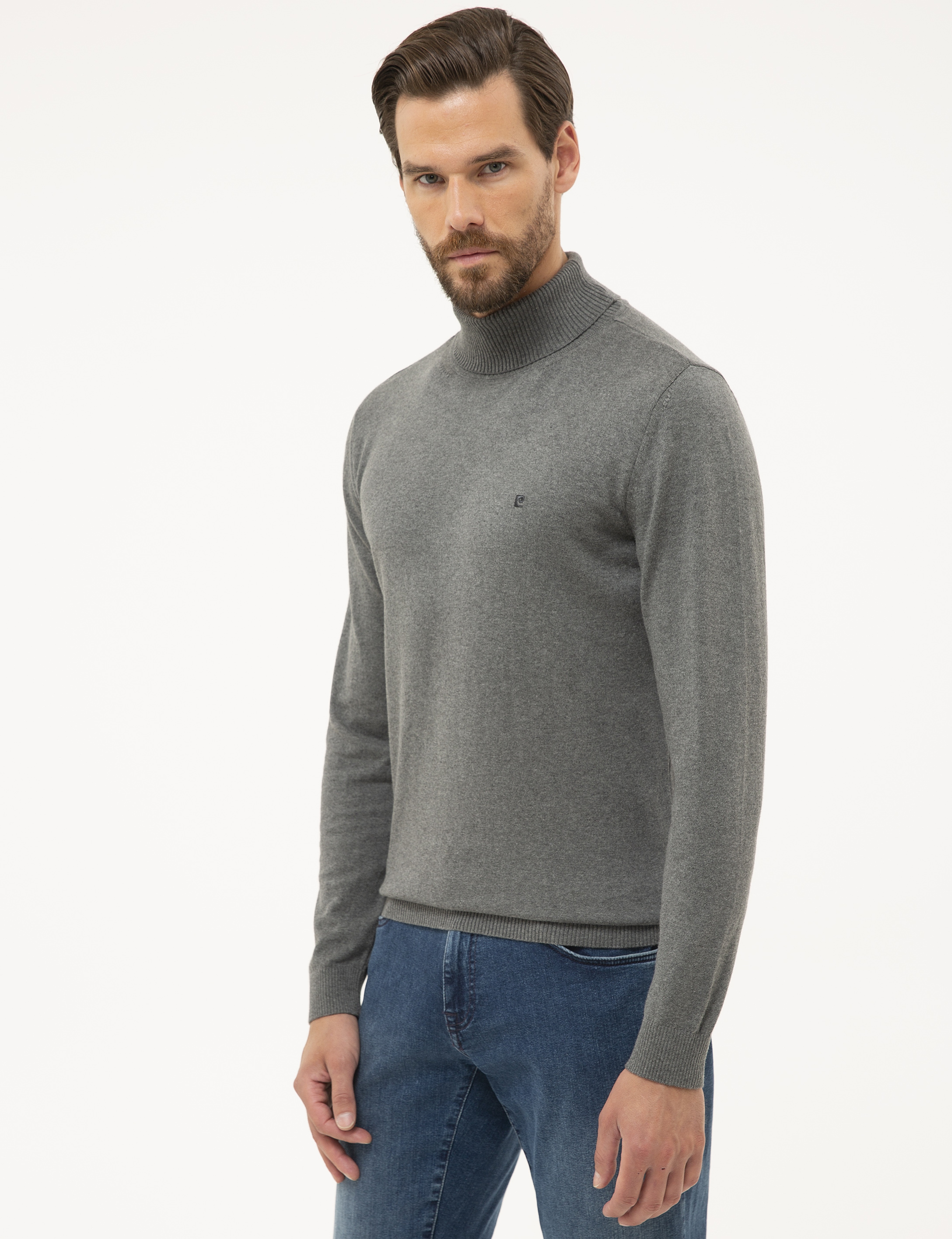 Gri Melanj Slim Fit Tam Balıkçı Yaka Basic Triko Kazak