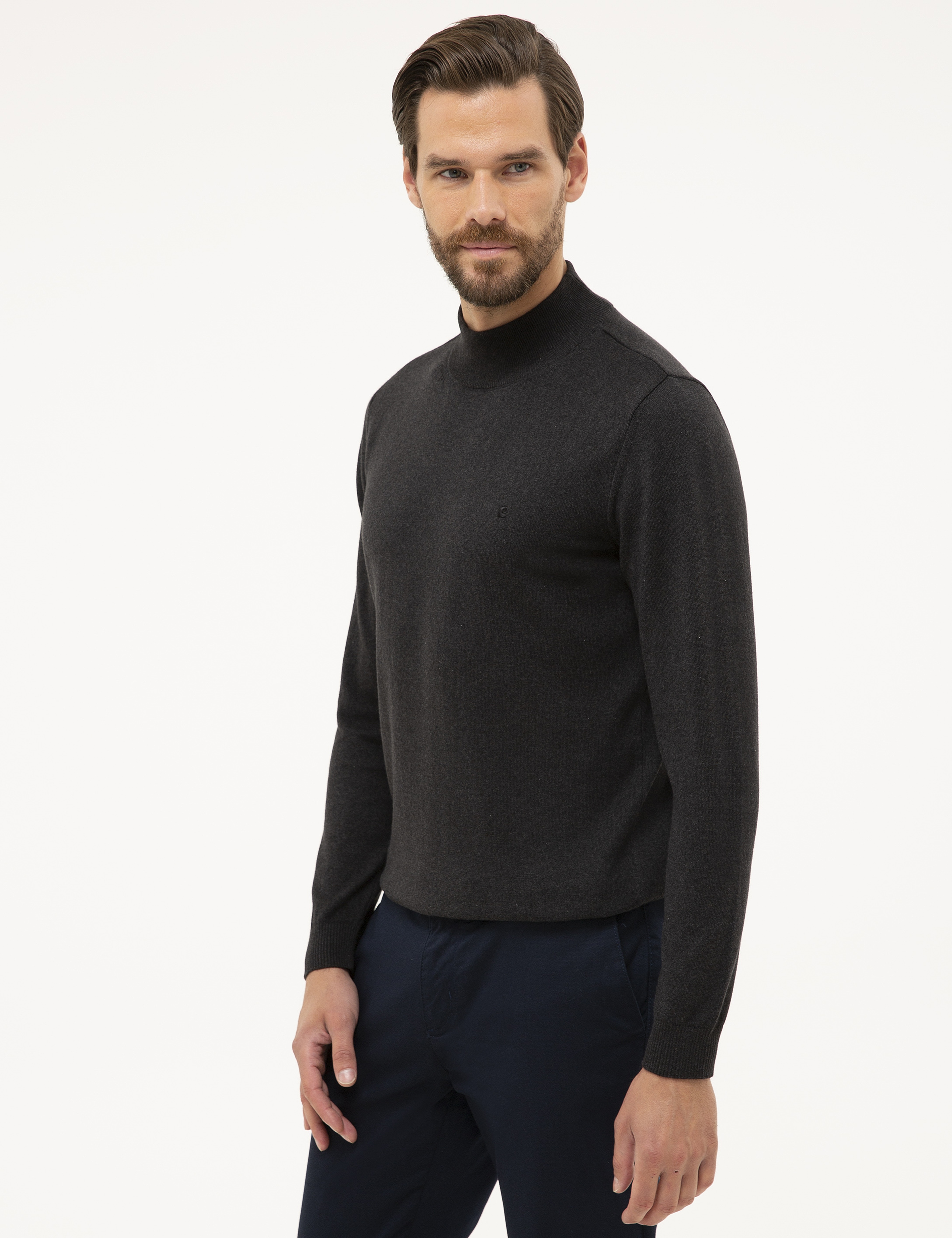 Antrasit Melanj Slim Fit Yarım Balıkçı Yaka Basic Triko Kazak