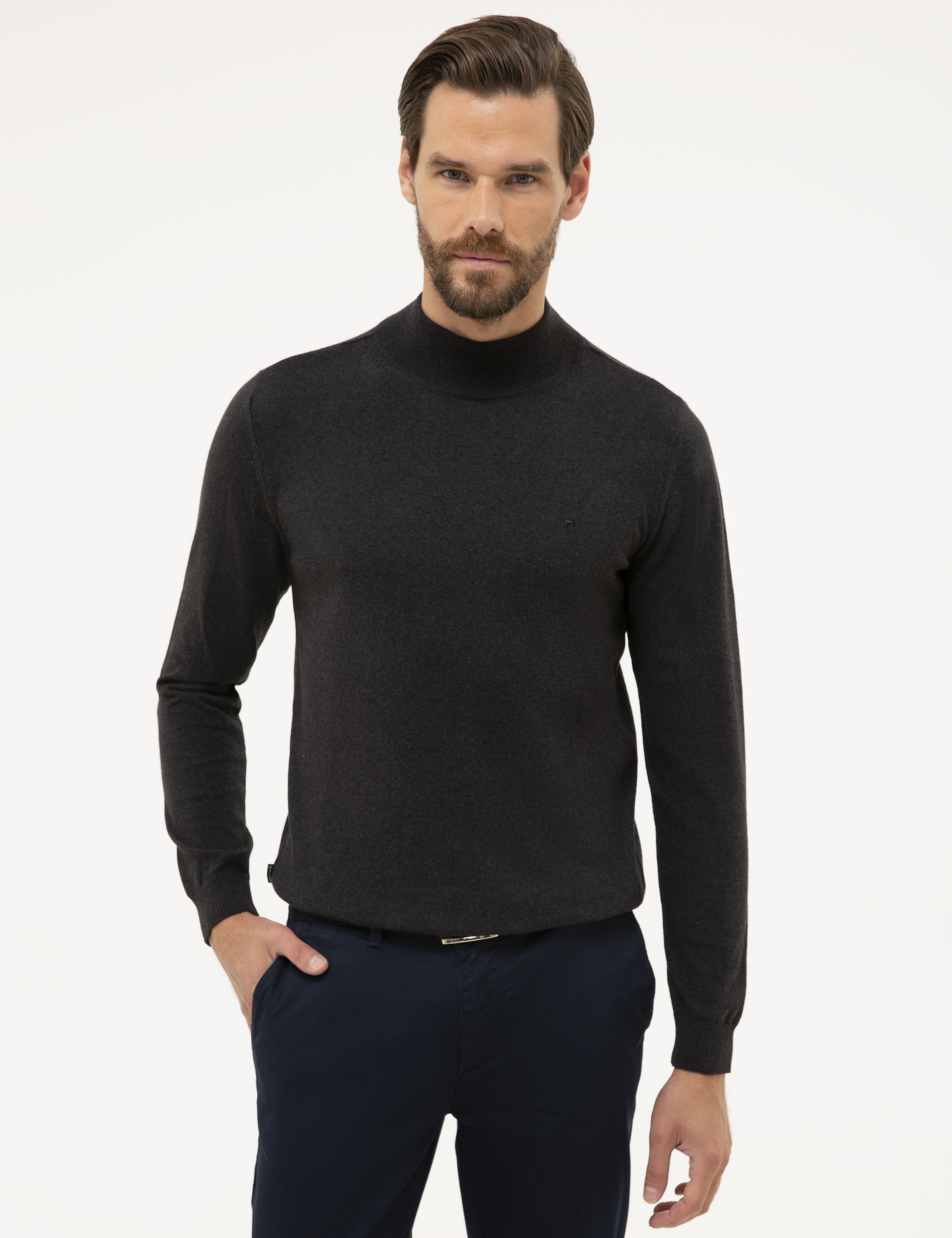 Antrasit Melanj Slim Fit Yarım Balıkçı Yaka Basic Triko Kazak - Image 1