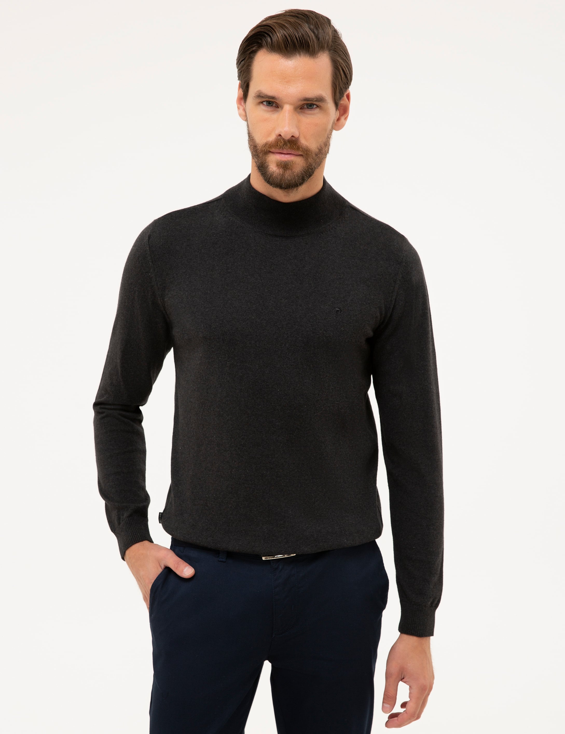 Antrasit Melanj Slim Fit Yarım Balıkçı Yaka Basic Triko Kazak